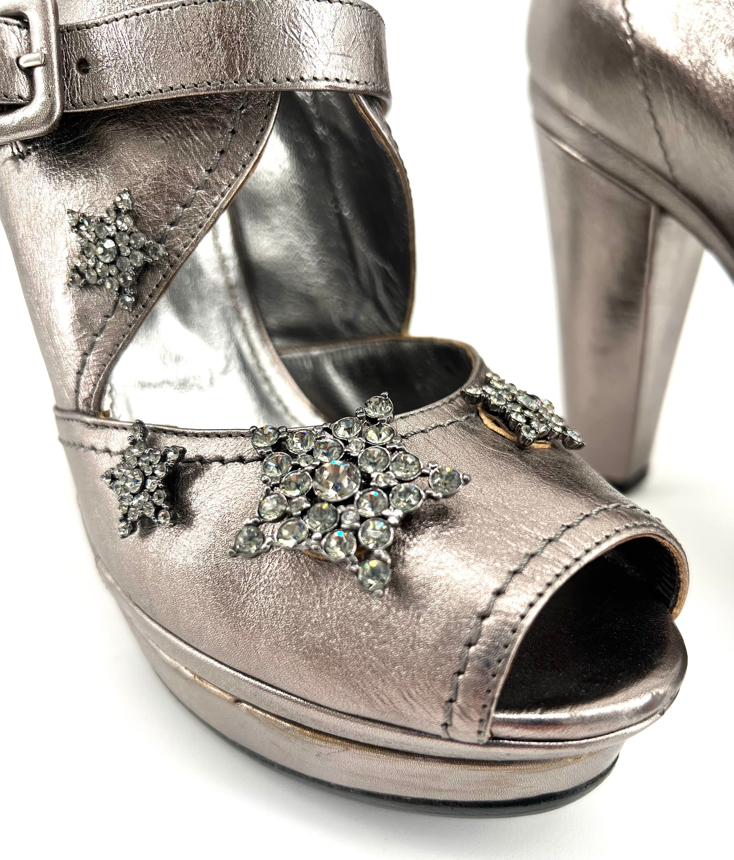 Sonia Rykiel Silver Leather Rhinestone Star Platforms, detail