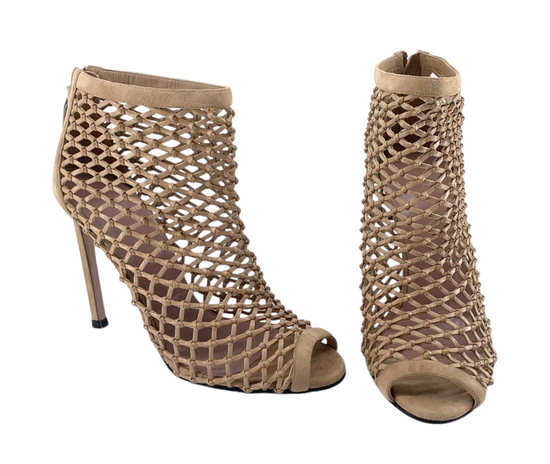 Gucci Beige Eline Leather & Suede Cage Stiletto Booties ANGLED 2/9