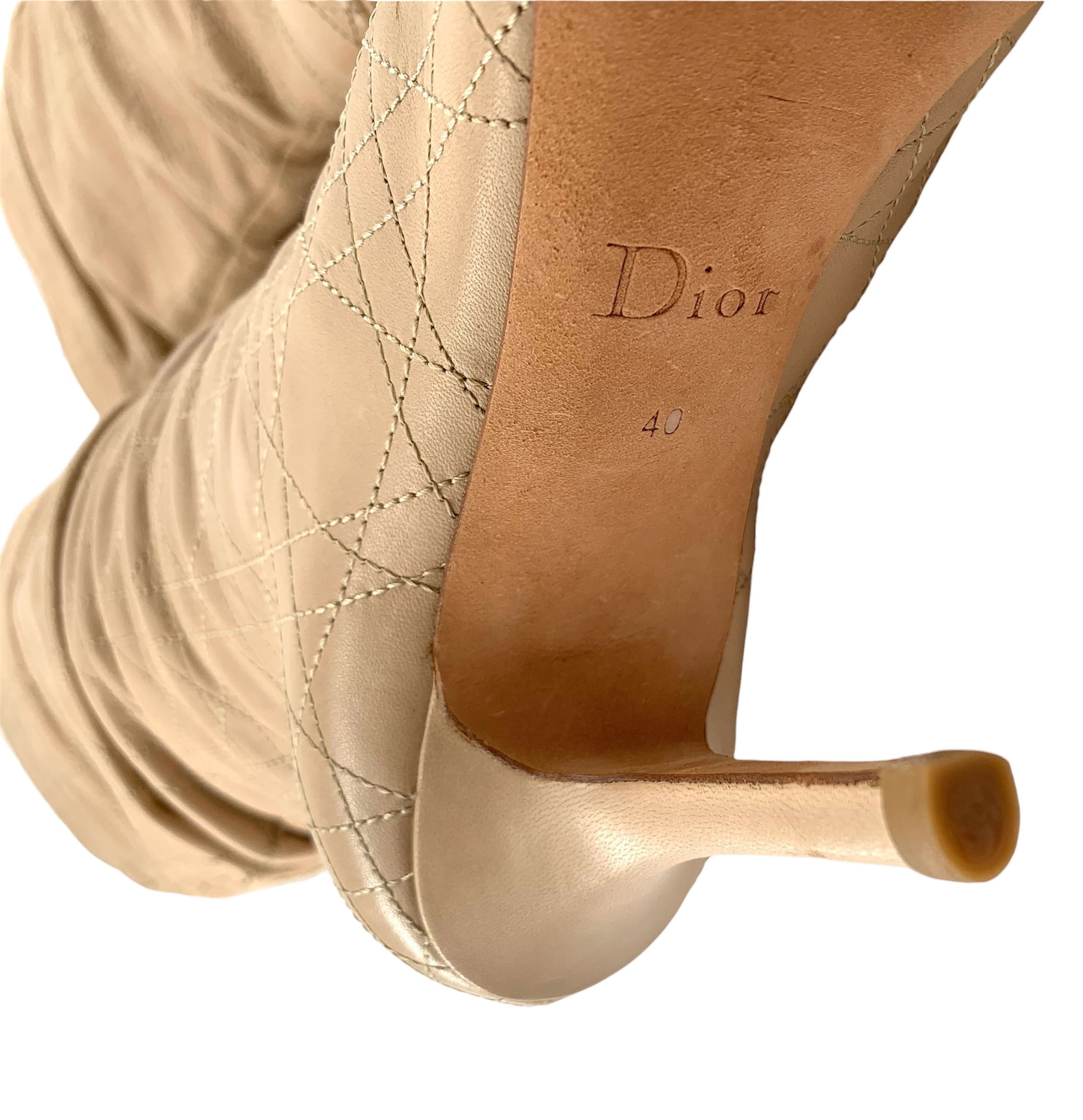  Christian Dior Quilted Cannage Beige Leather Knee High Stiletto Boots SOLE LABEL 8/10