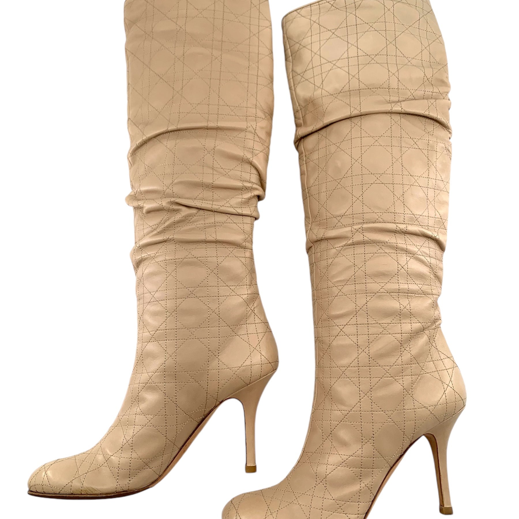  Christian Dior Quilted Cannage Beige Leather Knee High Stiletto Boots LEFT SIDE 2/10