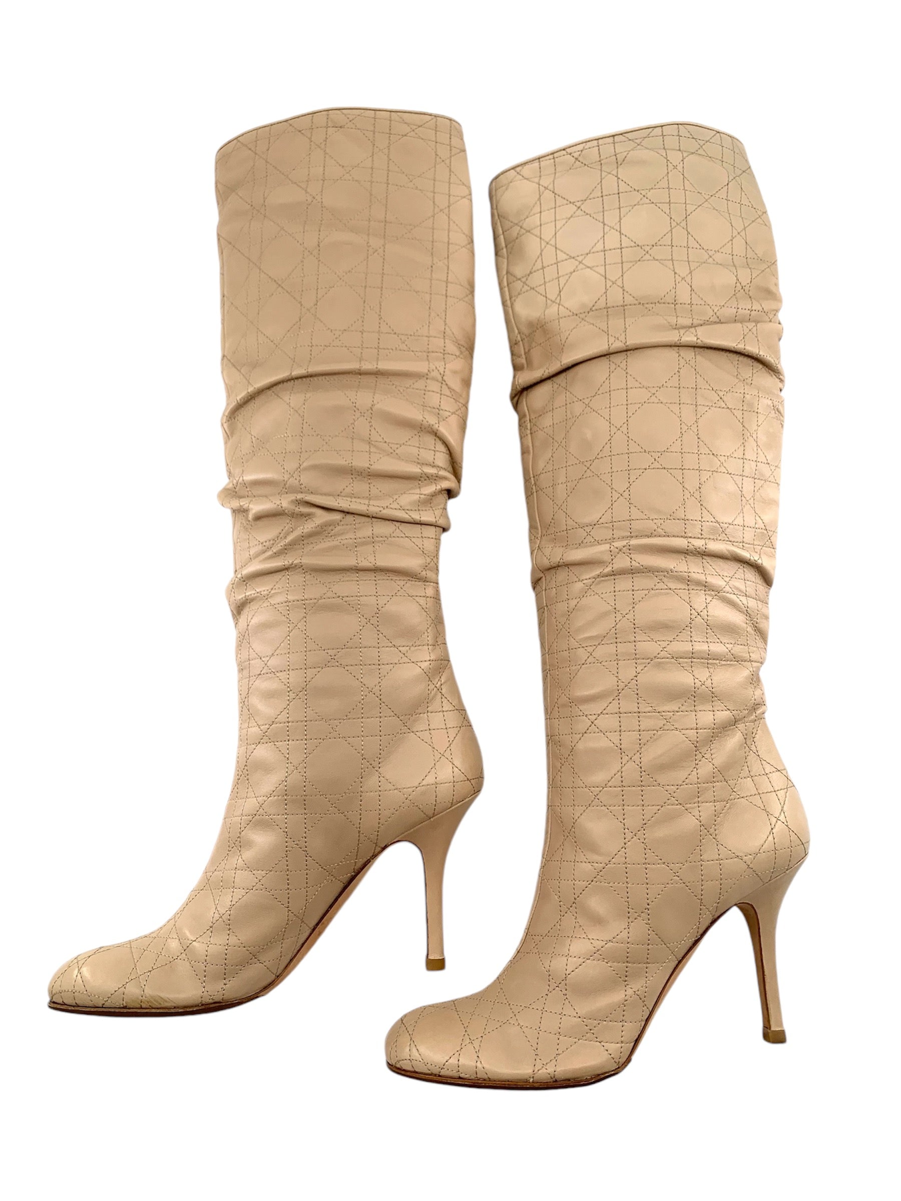  Christian Dior Quilted Cannage Beige Leather Knee High Stiletto Boots LEFT SIDE 2/10