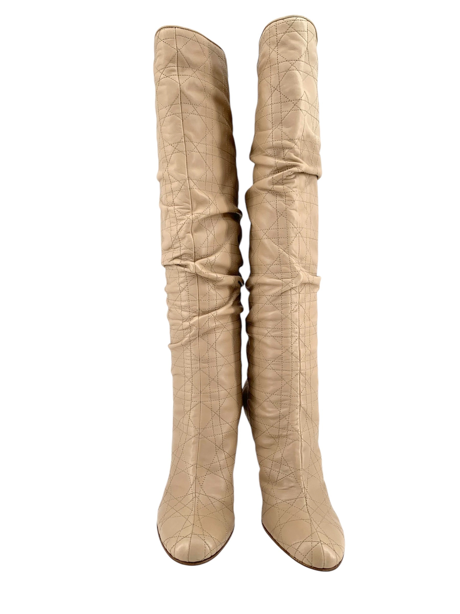  Christian Dior Quilted Cannage Beige Leather Knee High Stiletto Boots FRONT 3/10