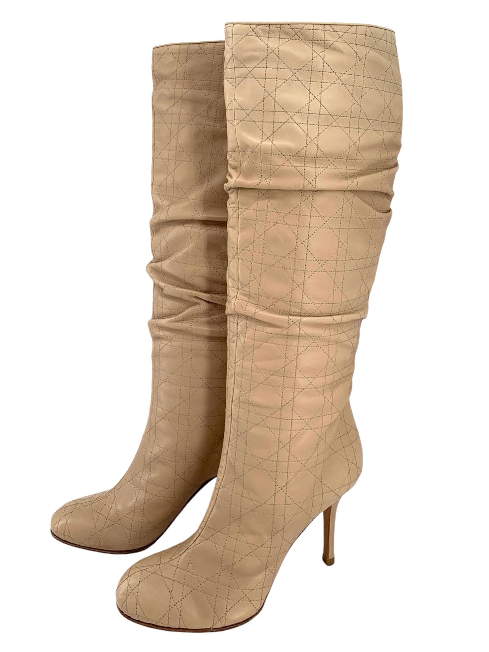  Christian Dior Quilted Cannage Beige Leather Knee High Stiletto Boots ANGLE 5/1O