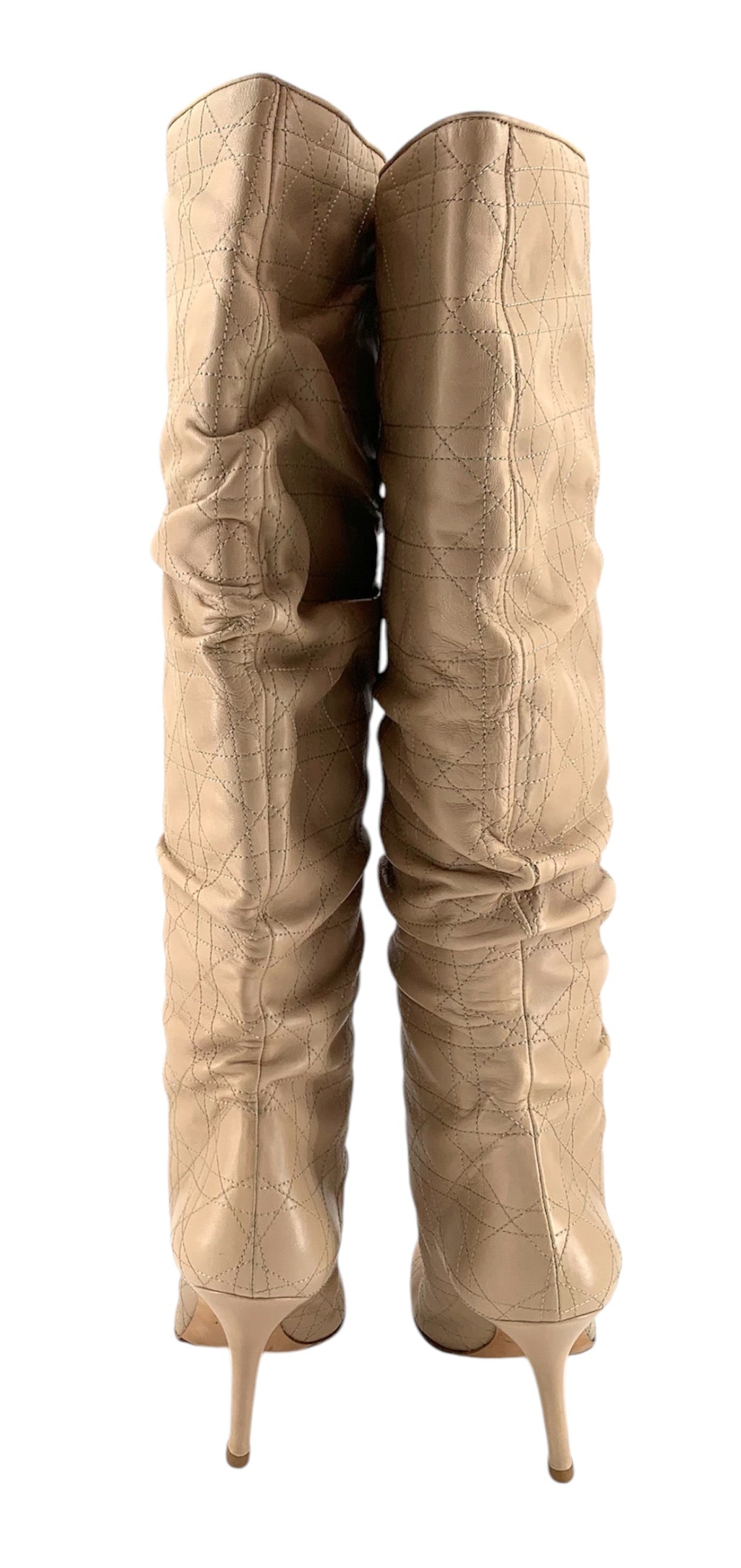  Christian Dior Quilted Cannage Beige Leather Knee High Stiletto Boots BACK 6/10