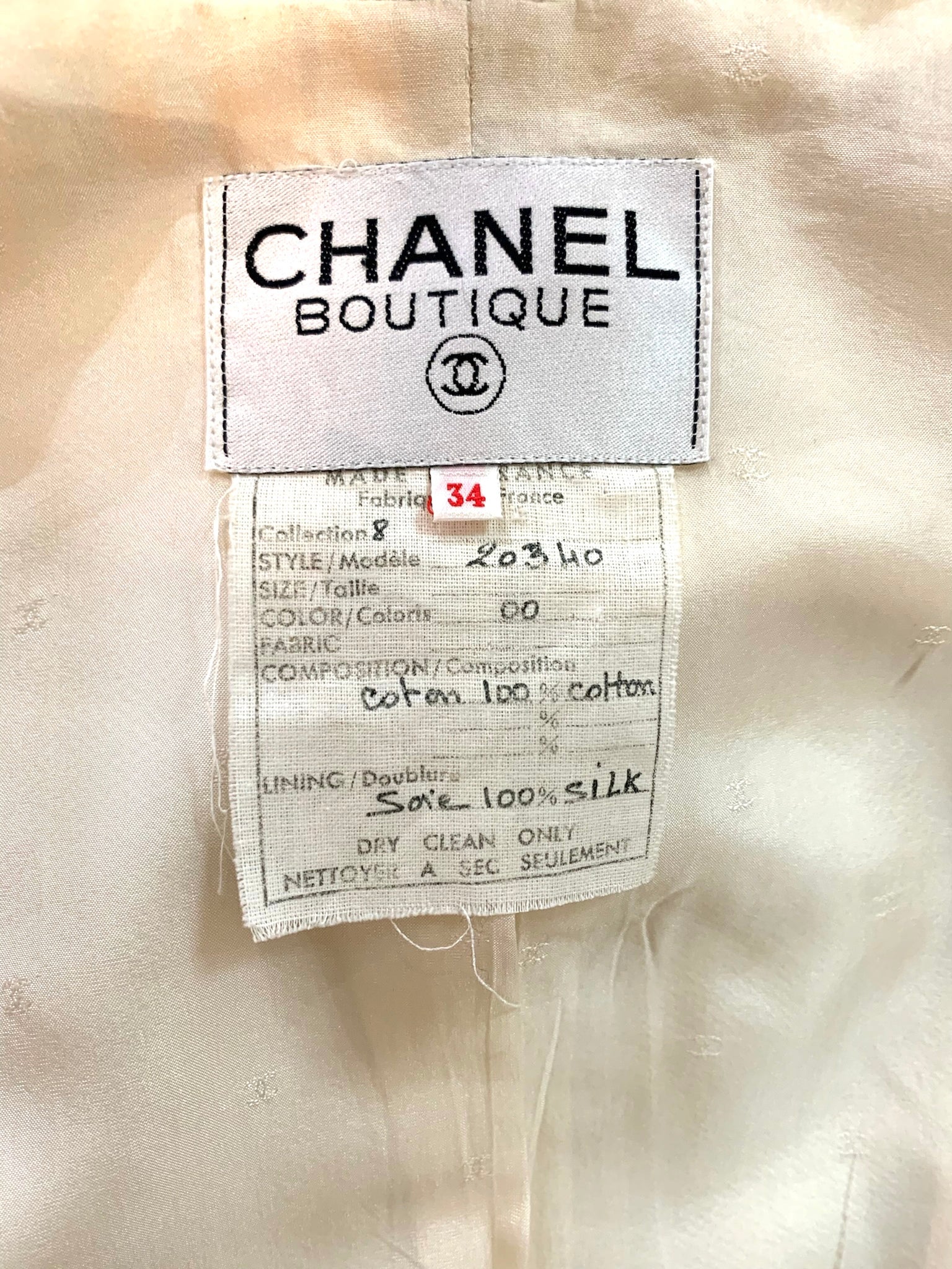Chanel 90s White Cotton Pique Suit with Black Lace Trim LABEL 7 of 7