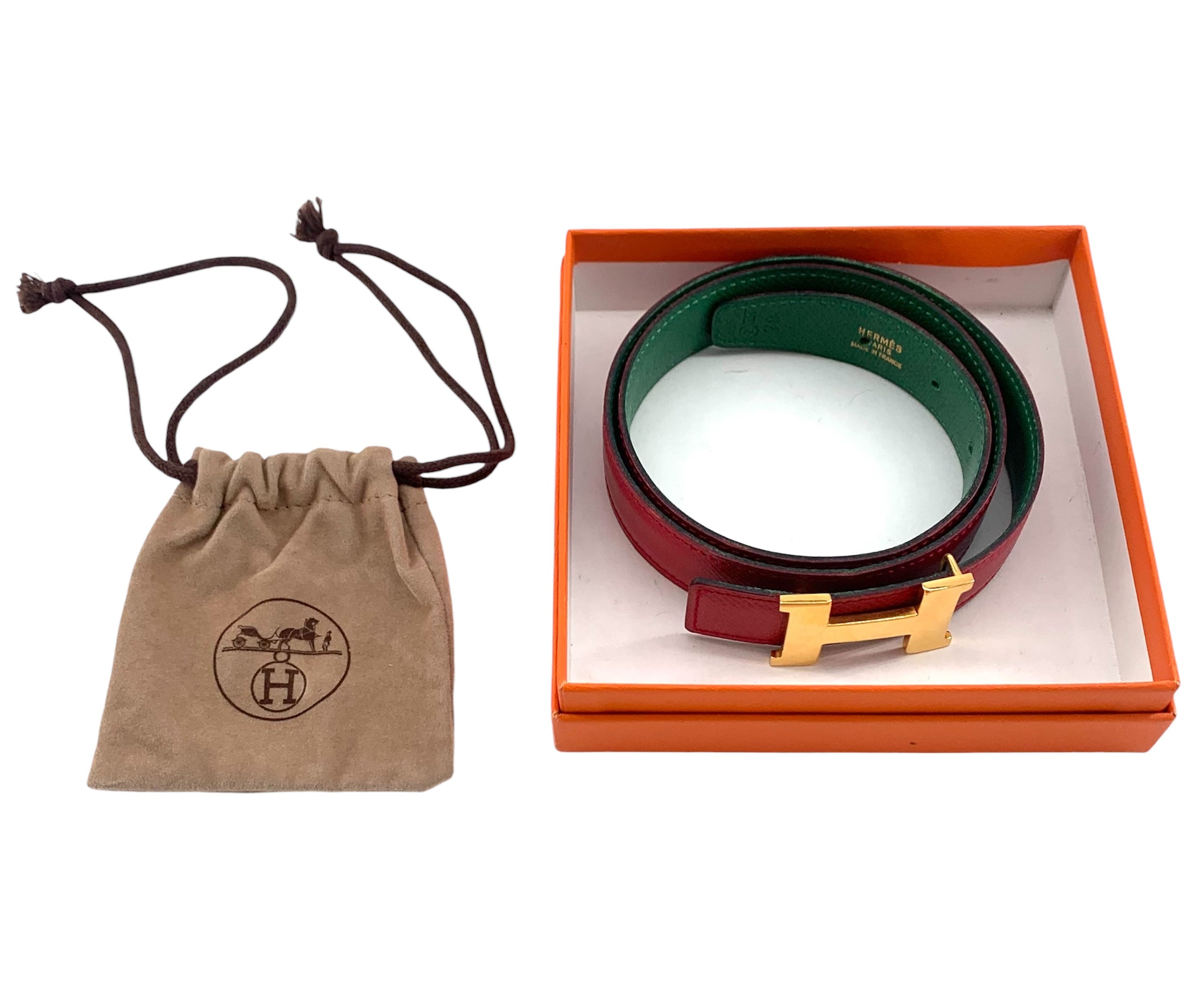 Hermès Red & Green Reversible Leather Gold Tone H Belt BELT + BOX + BAG 3/8