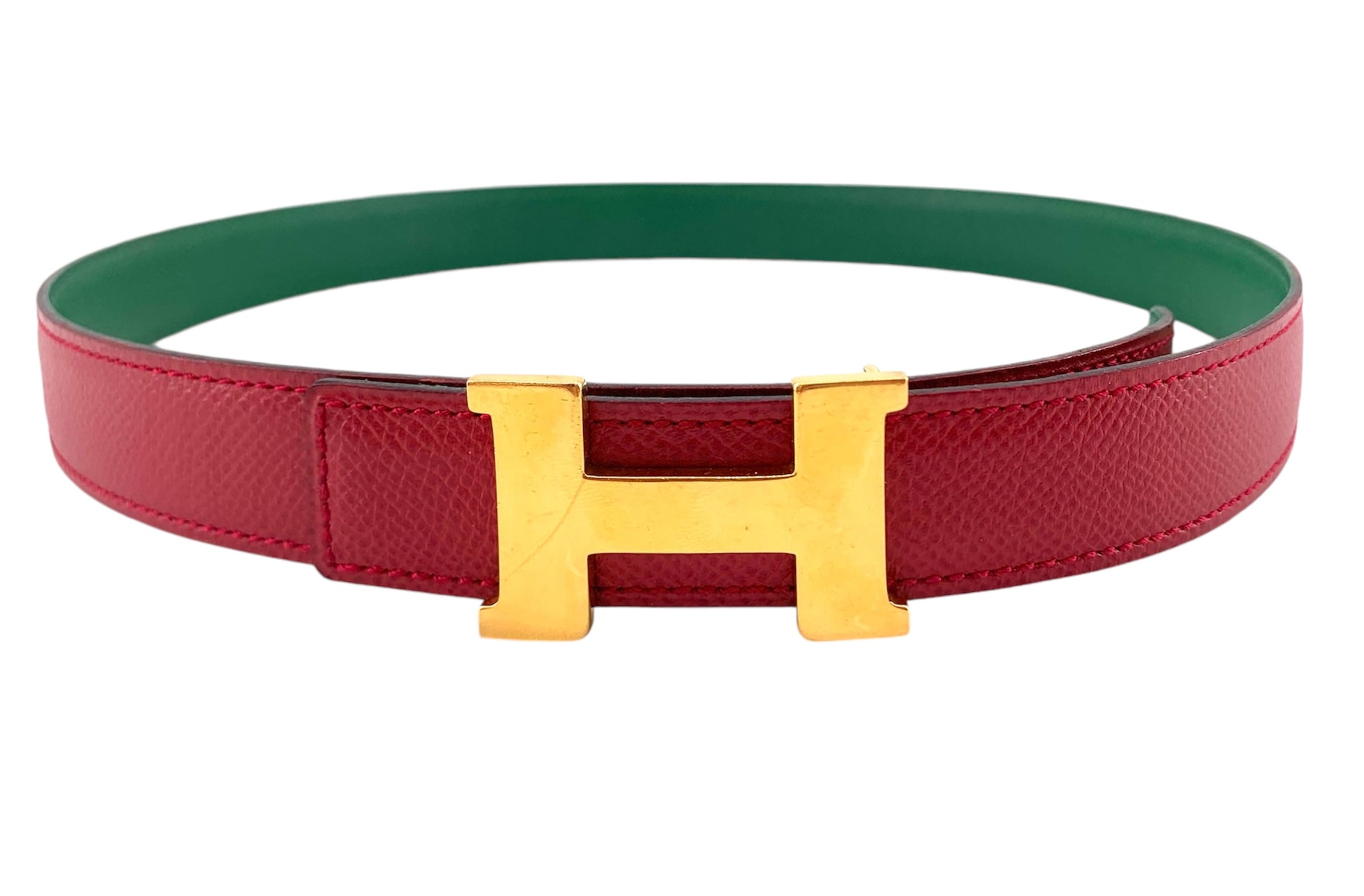 Hermès Red & Green Reversible Leather Gold Tone H Belt RED 2/8