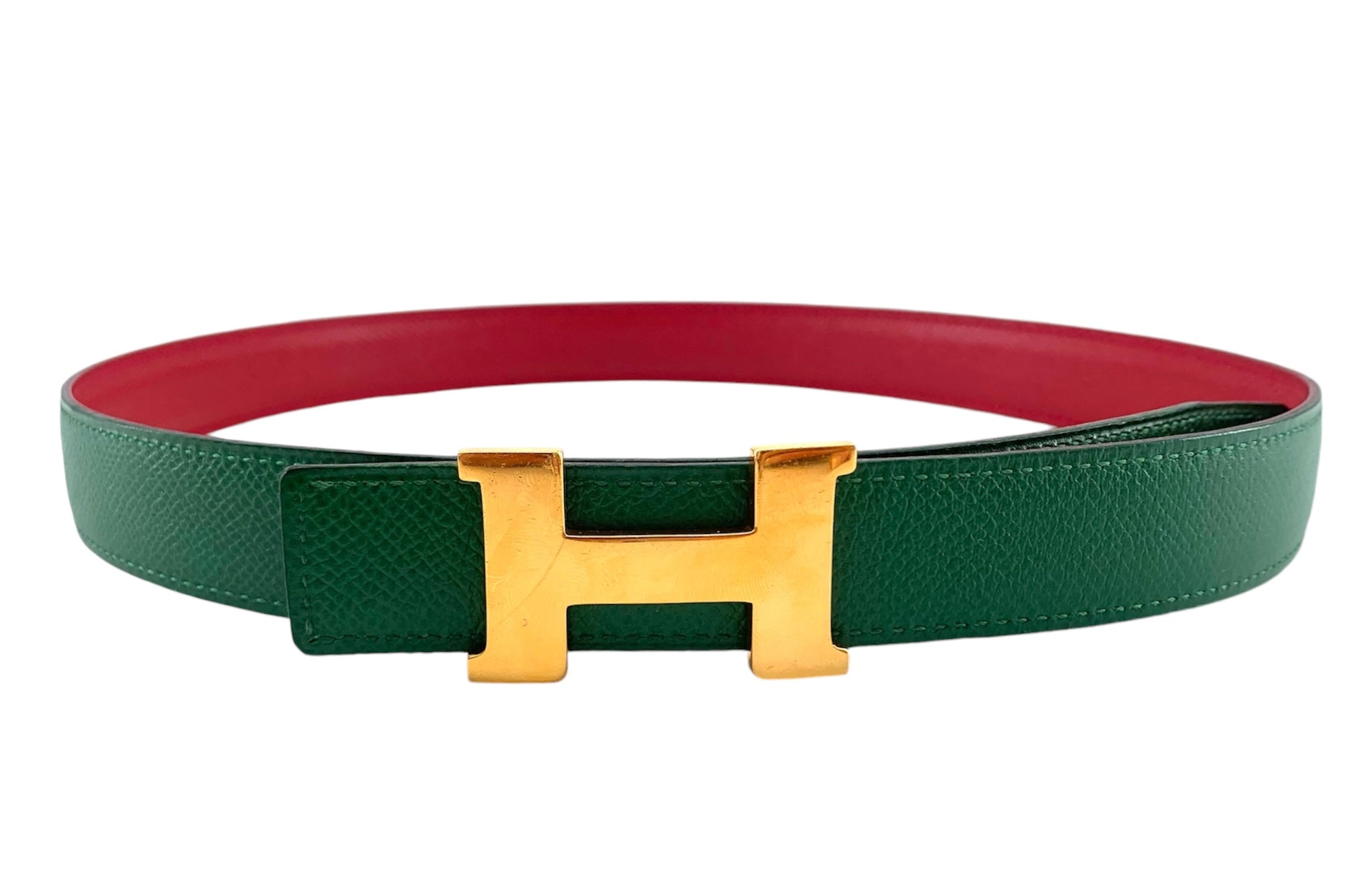 Hermès Red & Green Reversible Leather Gold Tone H Belt GREEN 1/8