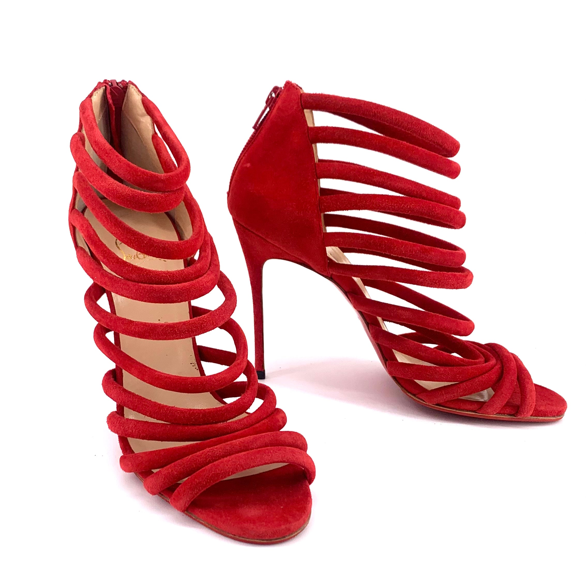 Christian Louboutin Red Macala Strappy Suede Stilettos FRONT ANGLE 1/10