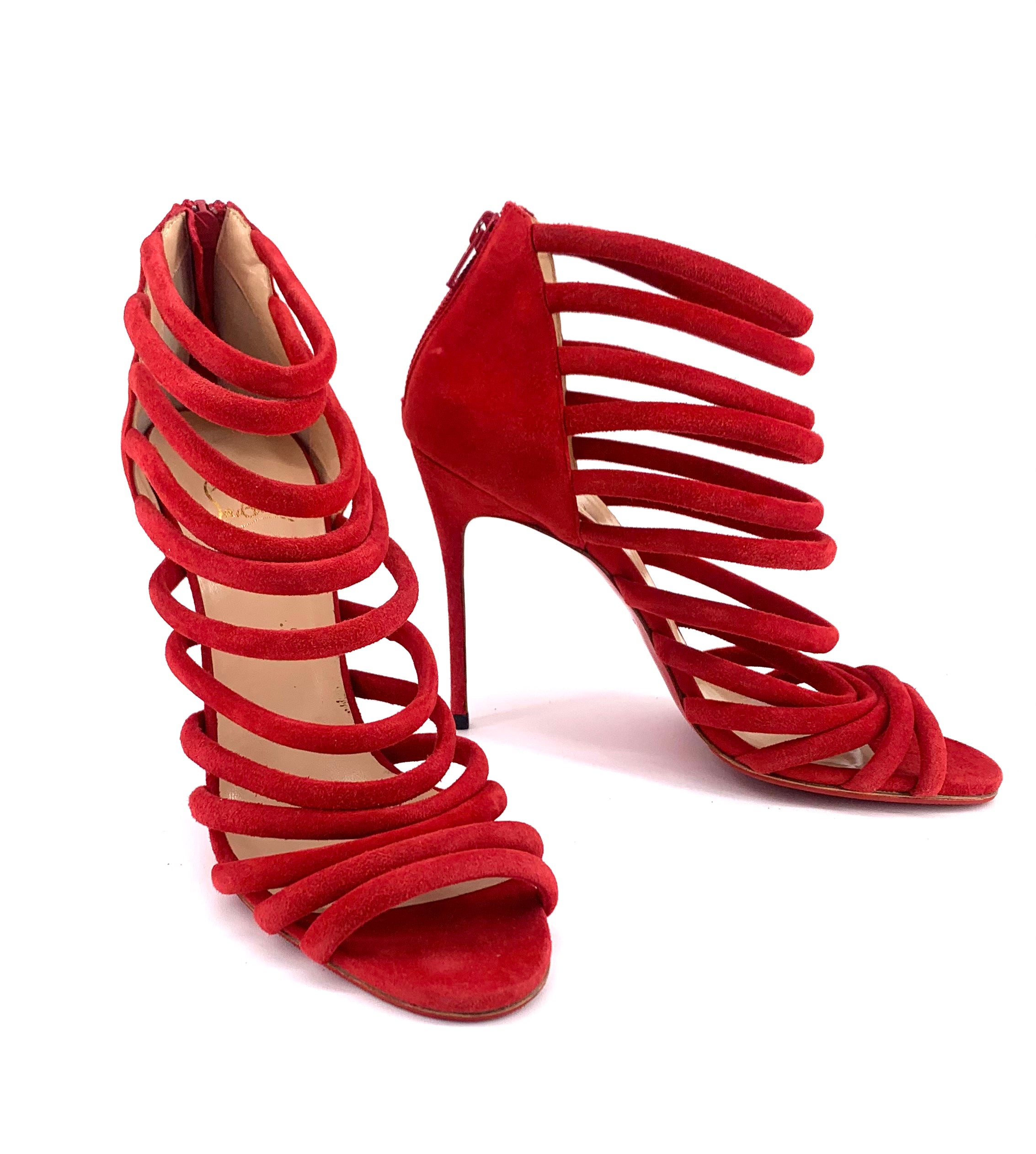 Christian Louboutin Red Macala Strappy Suede Stilettos FRONT ANGLE 1/10