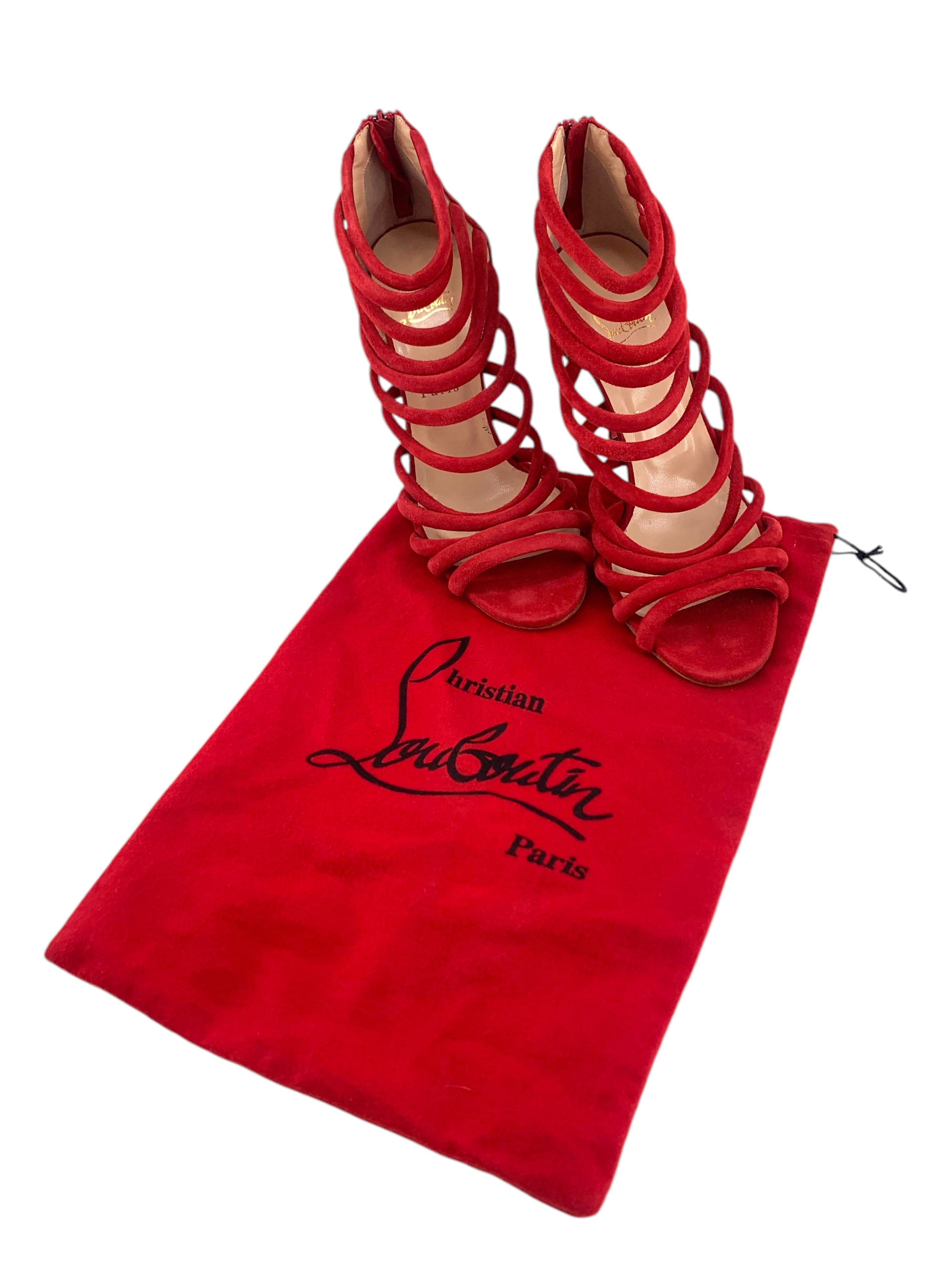 Christian Louboutin Red Macala Strappy Suede Stilettos HEELS + BAG 2/10