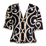 Christian Dior Boutique 1980's Black & Cream Filigree Motif Print Silk Blouse FRONT 1/5