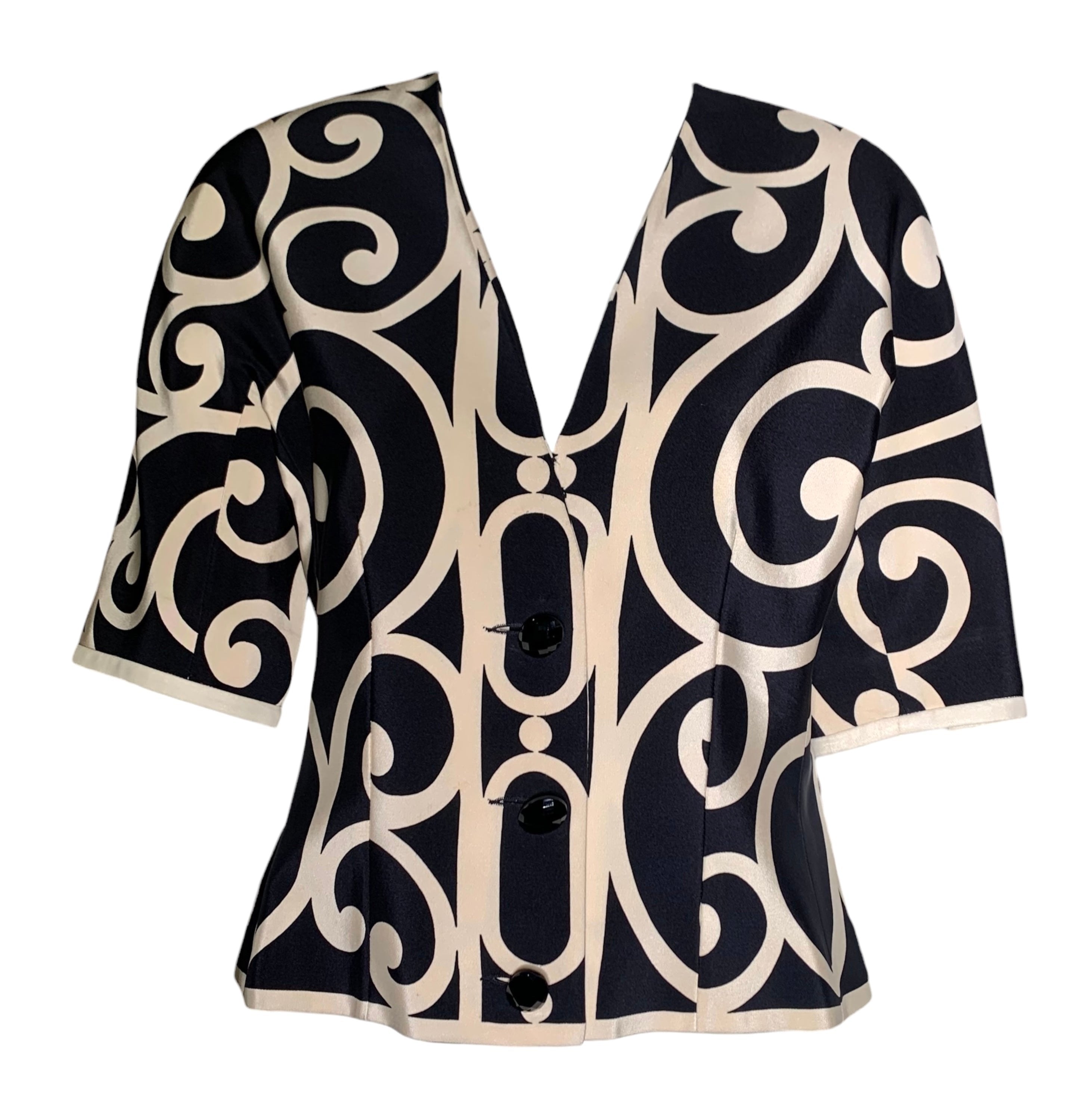 Christian Dior Boutique 1980's Black & Cream Filigree Motif Print Silk Blouse FRONT 1/5