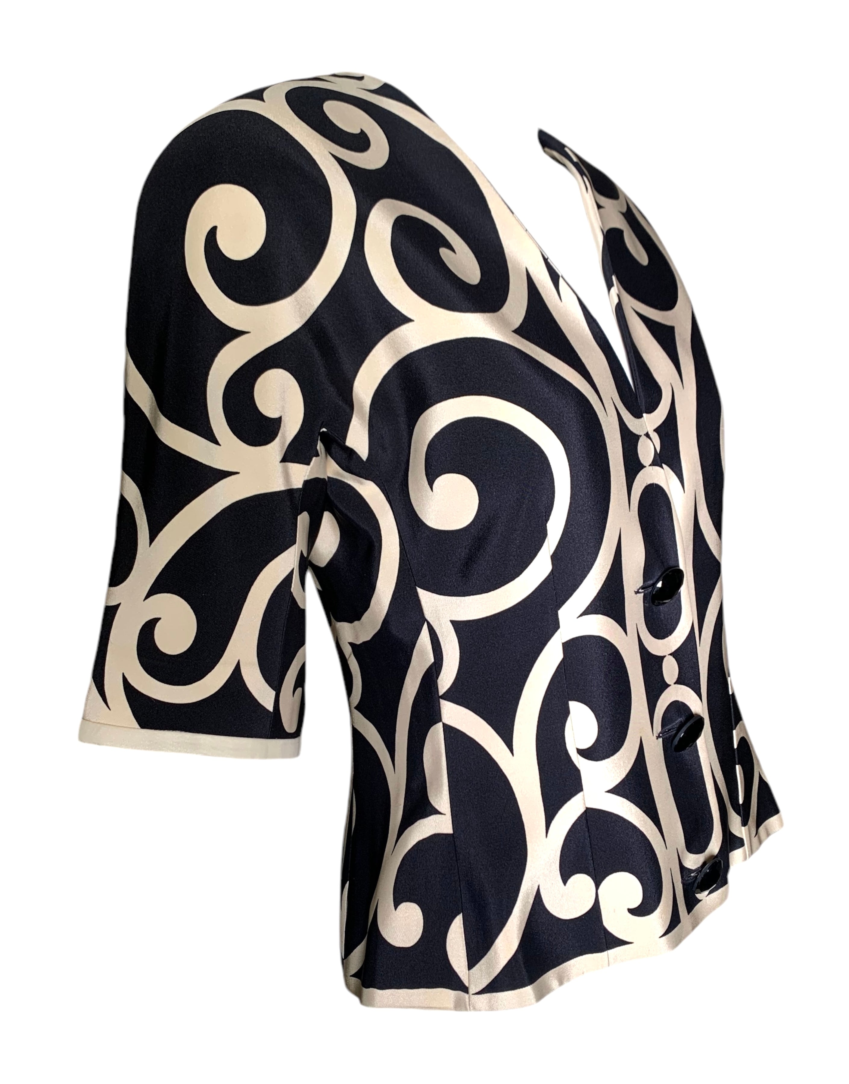 Christian Dior Boutique 1980's Black & Cream Filigree Motif Print Silk Blouse SIDE 2/5