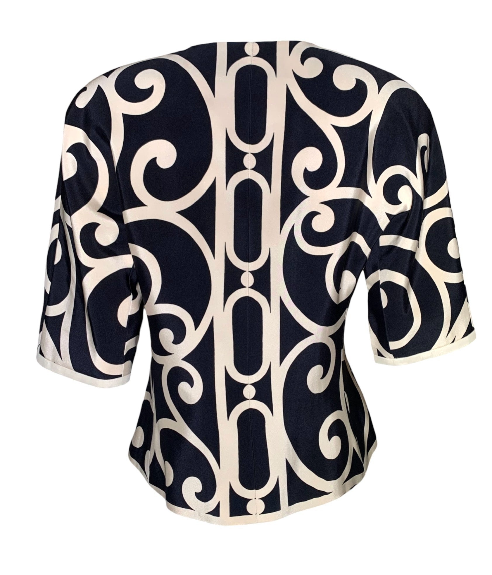 Christian Dior Boutique 1980's Black & Cream Filigree Motif Print Silk Blouse BACK 3/5