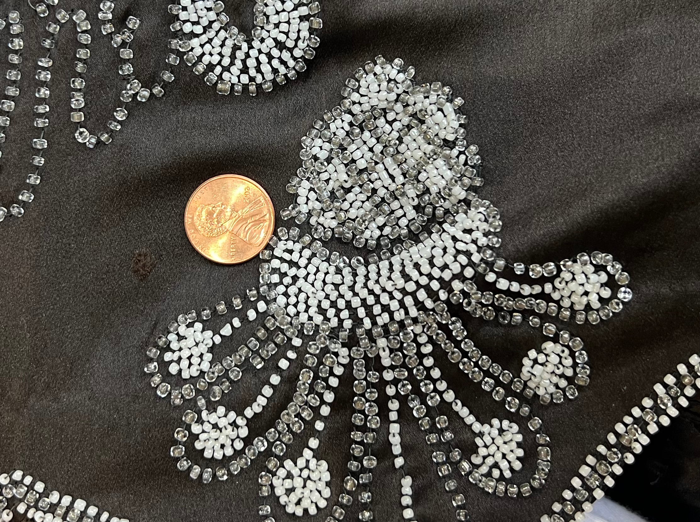 1920's Art Deco White Beaded Charcoal Black Satin Silk Evening Dress, hole near hem, backside