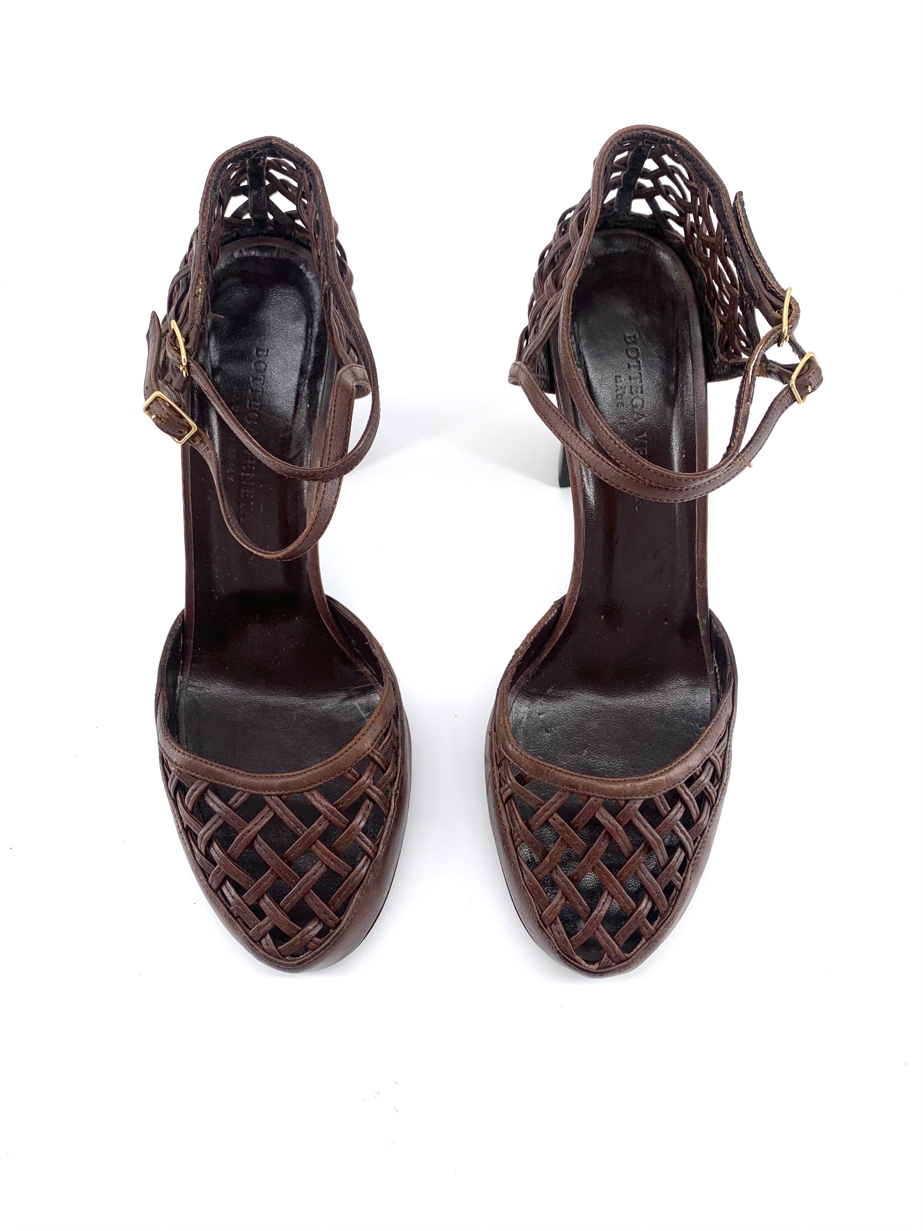 Bottega Veneta Brown Leather Woven Block Heels Sandals, New/Old, top