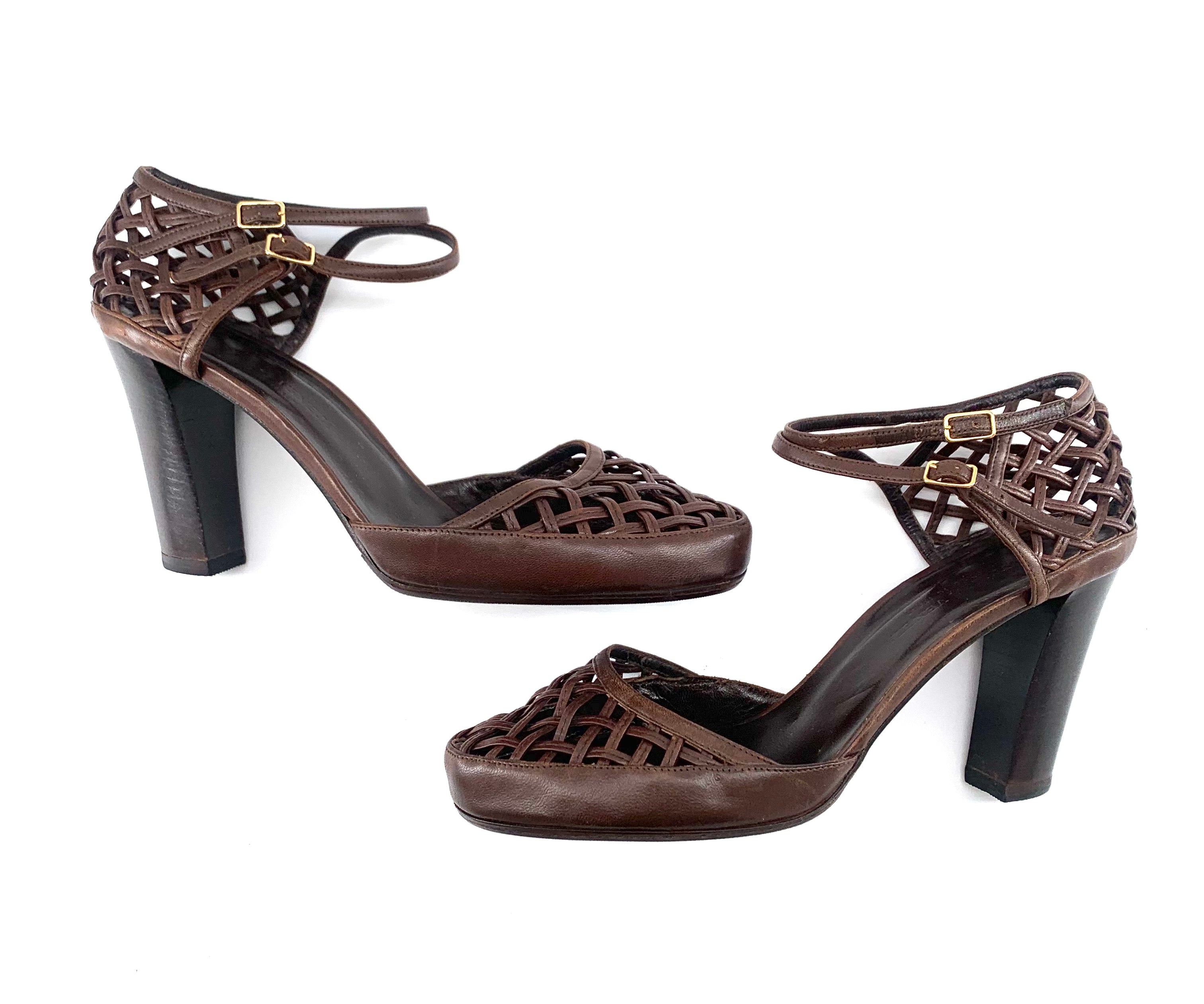 Bottega Veneta Brown Leather Woven Block Heels Sandals, New/Old