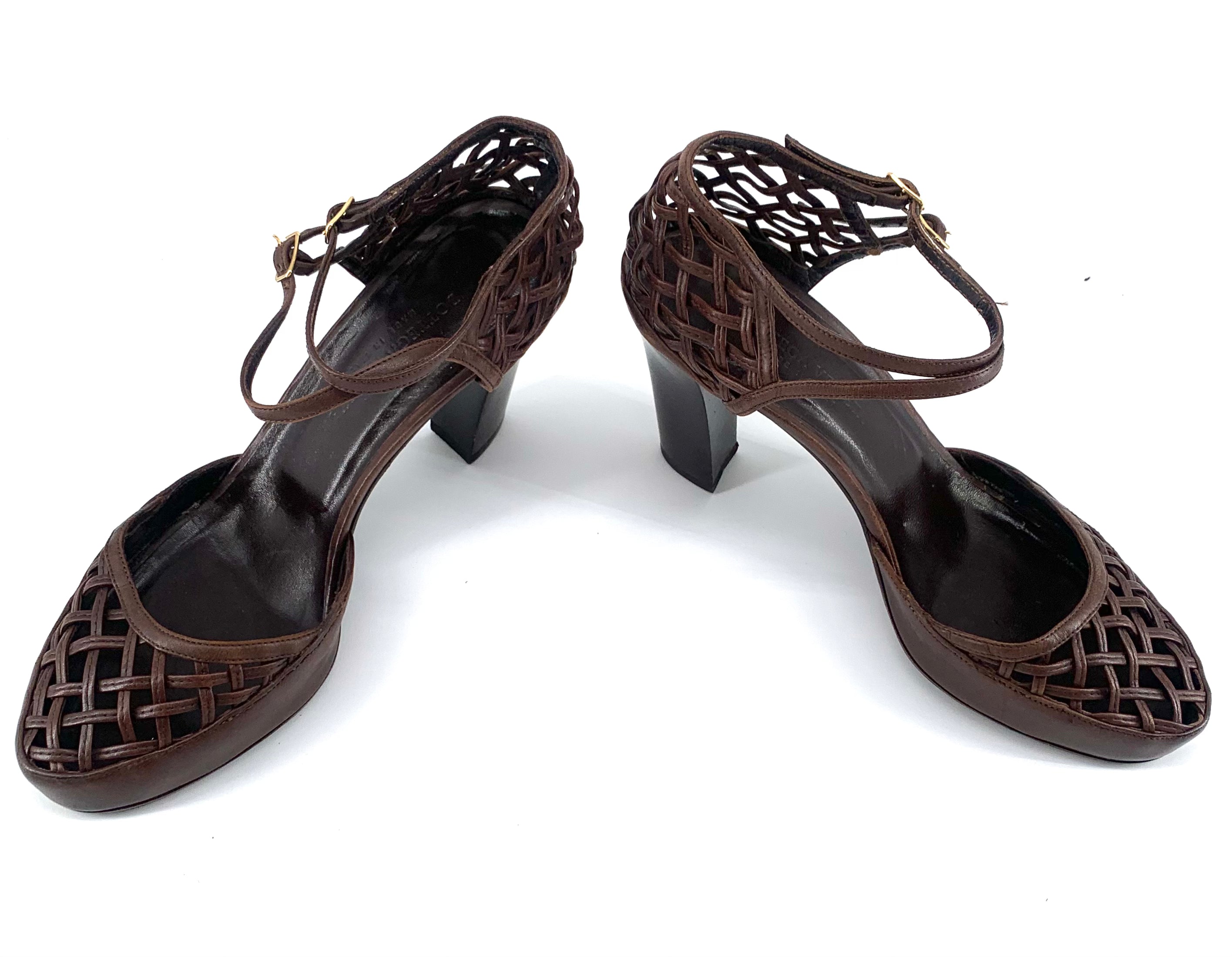 Bottega Veneta Brown Leather Woven Block Heels Sandals, New/Old, side 3