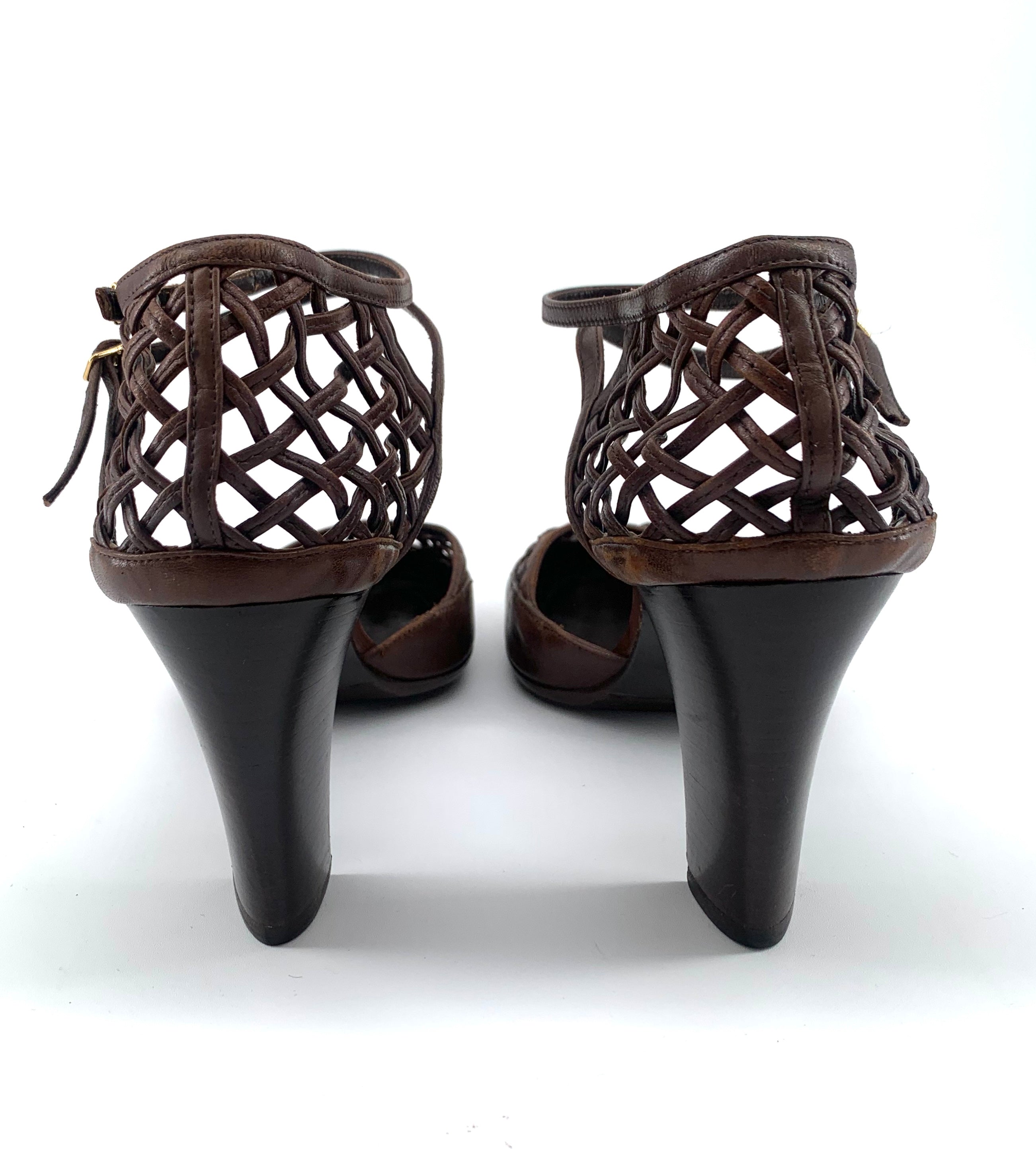 Bottega Veneta Brown Leather Woven Block Heels Sandals, New/Old. back