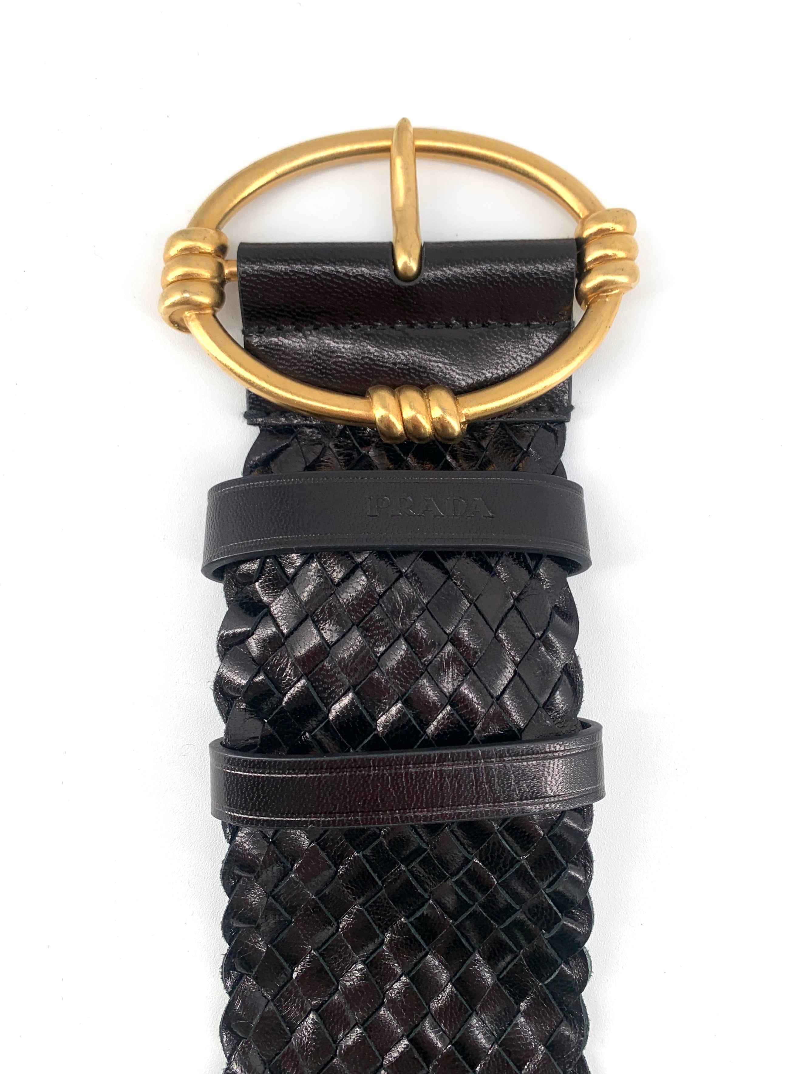 PRADA Y2K Black intrecciato Leather Belt with Gold Toned Buckle, detail