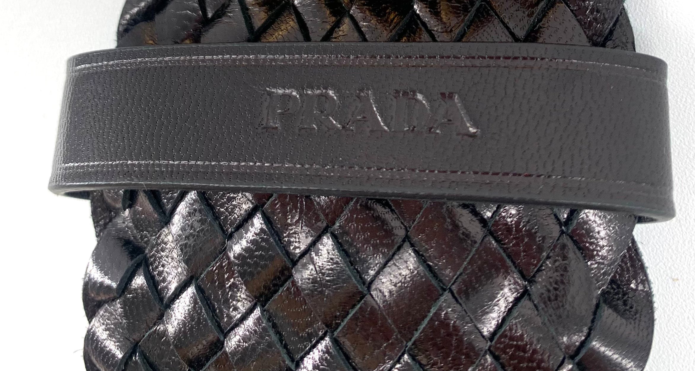 PRADA Y2K Black intrecciato Leather Belt with Gold Toned Buckle, label