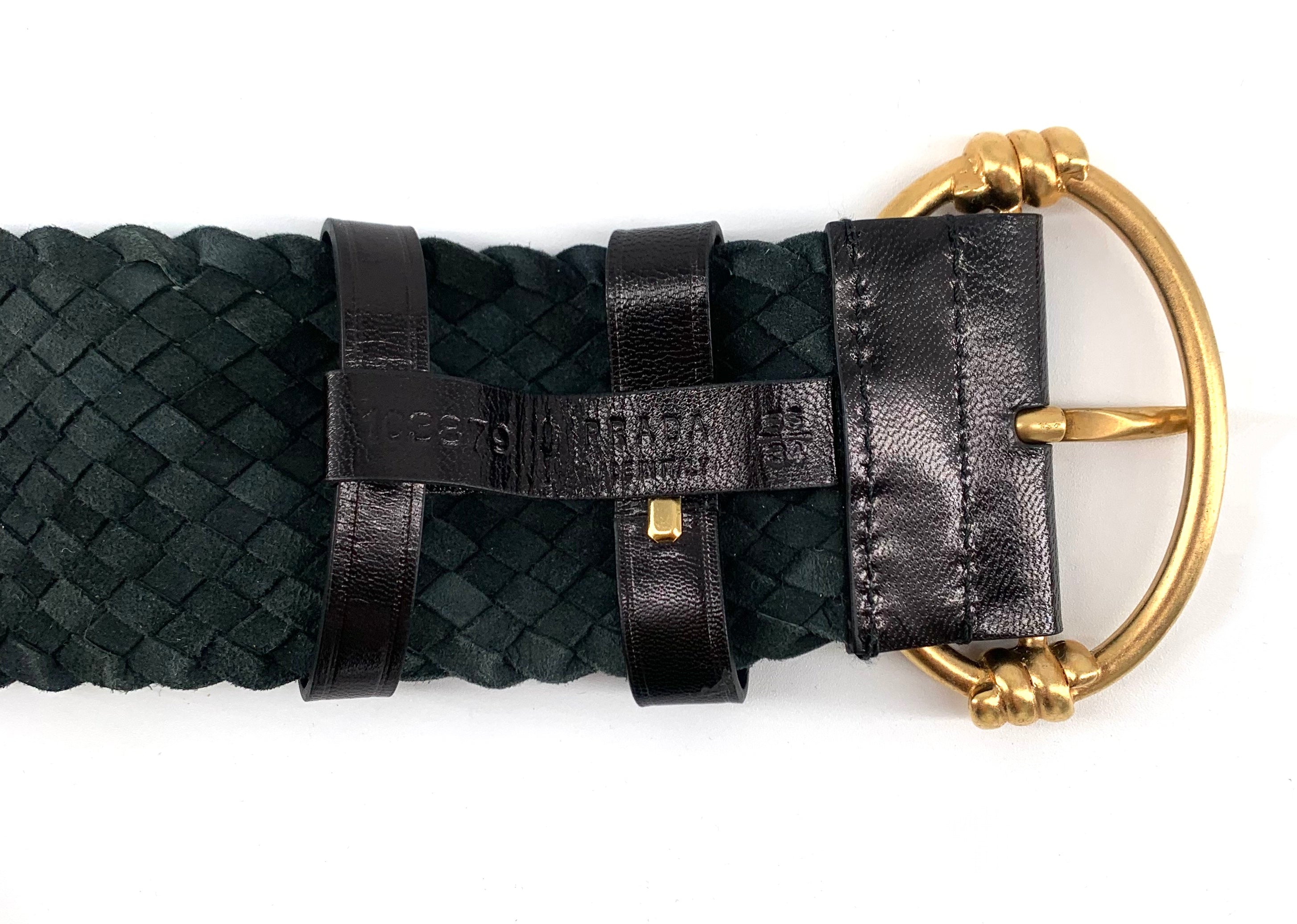 PRADA Y2K Black intrecciato Leather Belt with Gold Toned Buckle, reverse