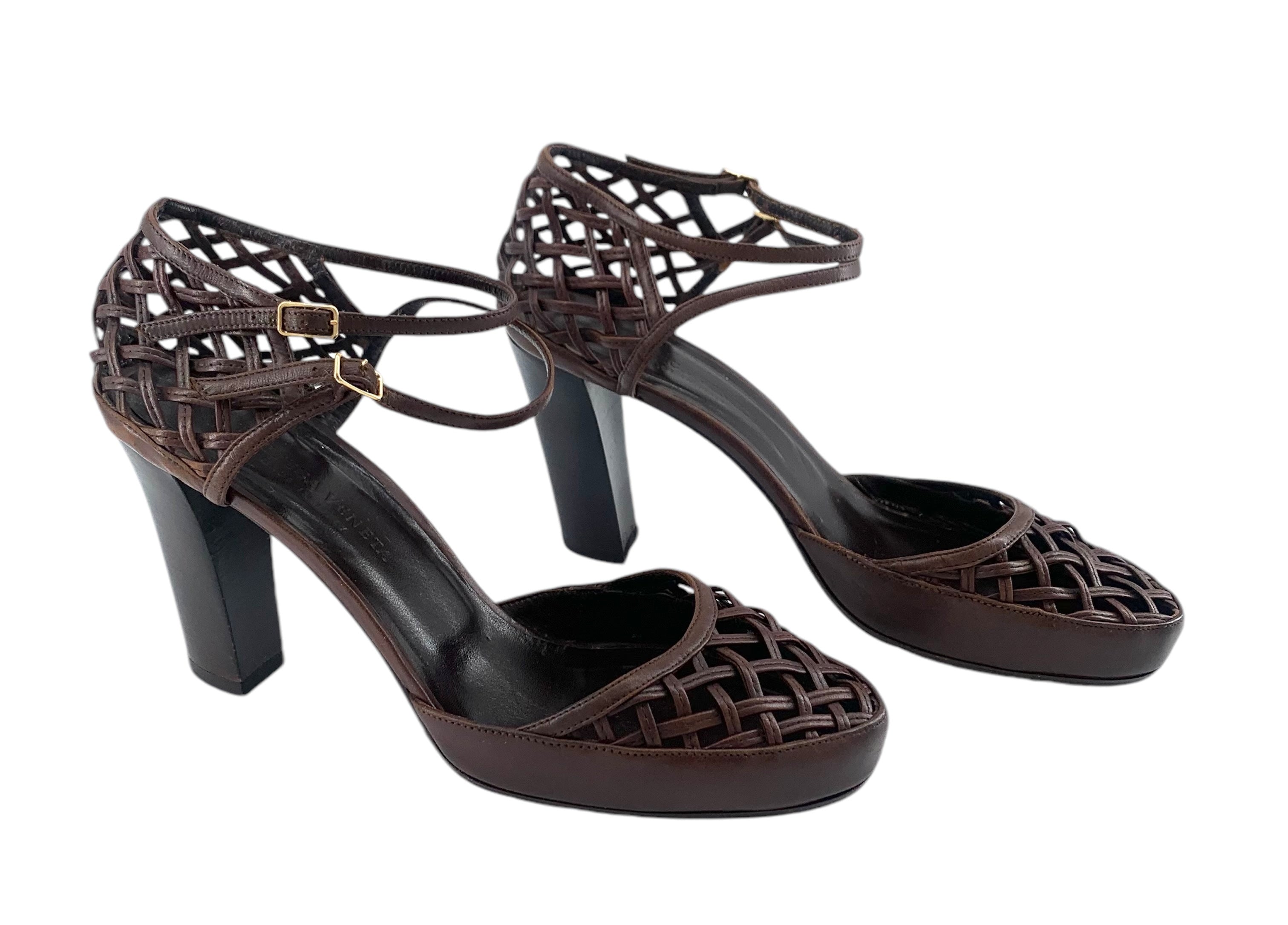 Bottega Veneta Brown Leather Woven Block Heels Sandals, New/Old, side 2