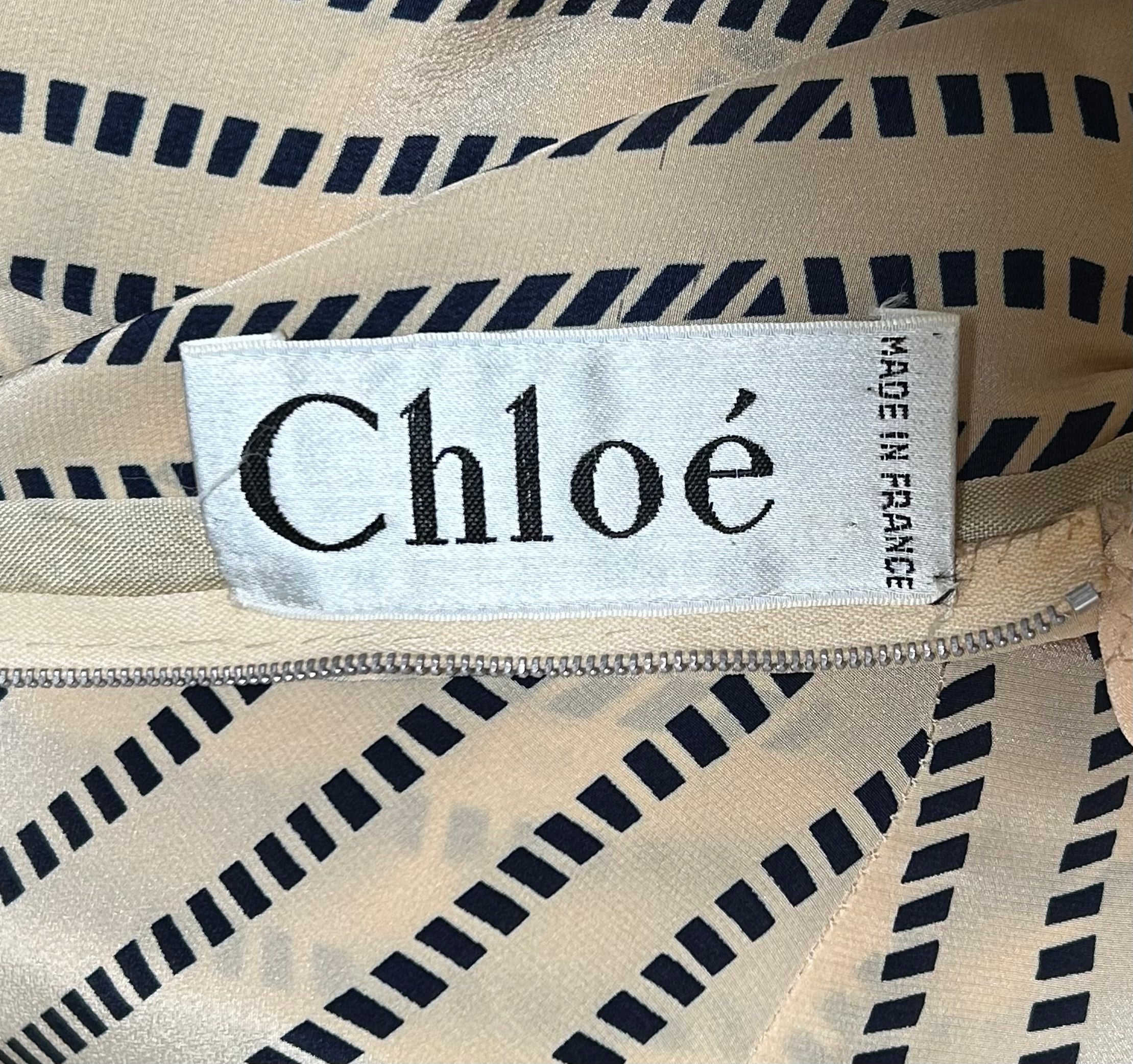 Chloe Beige and Navy Babydoll Silk Dress with Ruffle Collar TAG PHOTO 7 OF 7