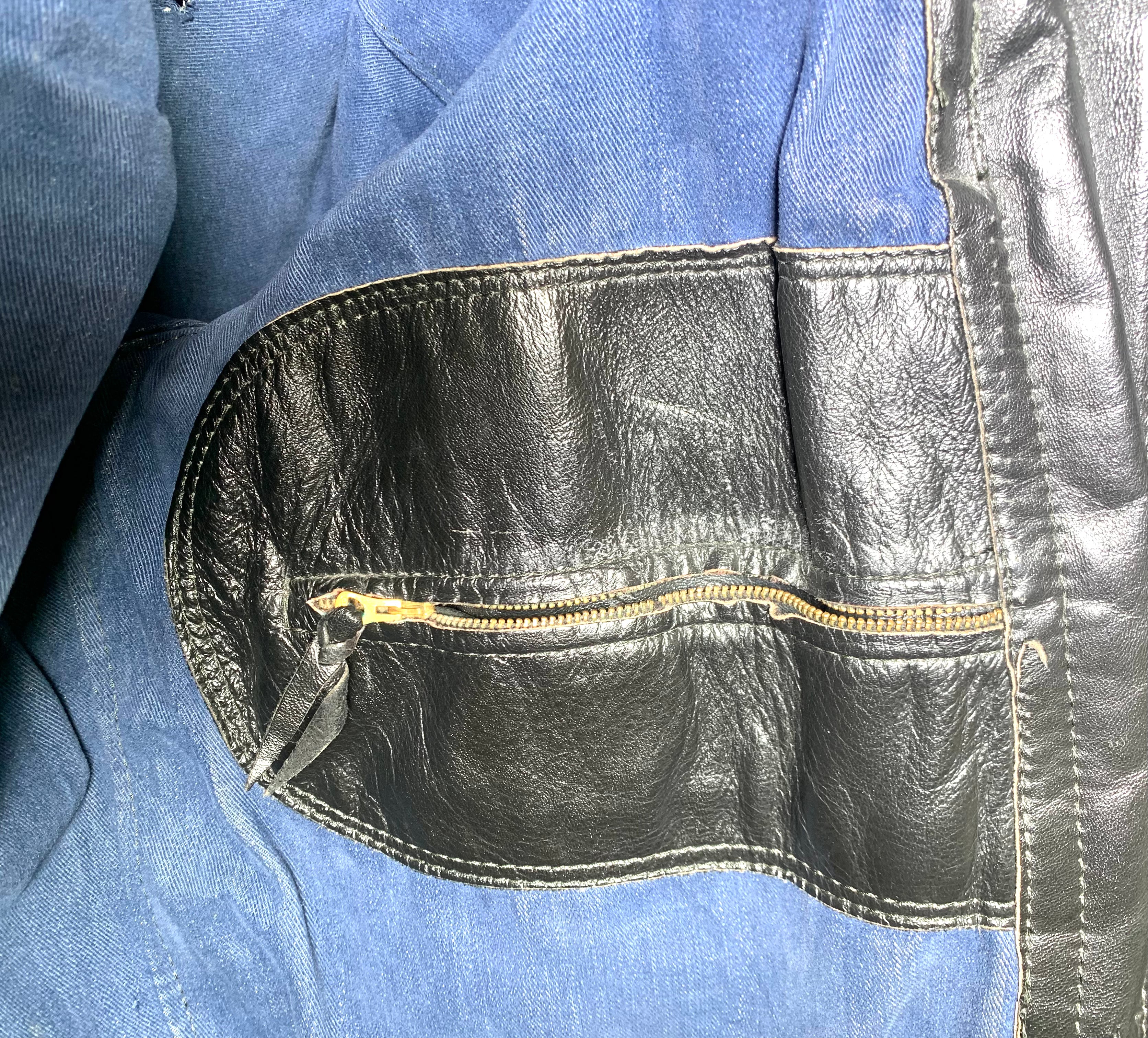 Classic 1960s Black Leather Motorcycle Jacket with Denim Lining, inside pocket