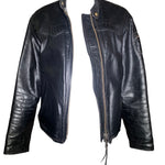 Classic 1960s Black Leather Motorcycle Jacket with Denim Lining, open