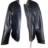 Classic 1960s Black Leather Motorcycle Jacket with Denim Lining, open