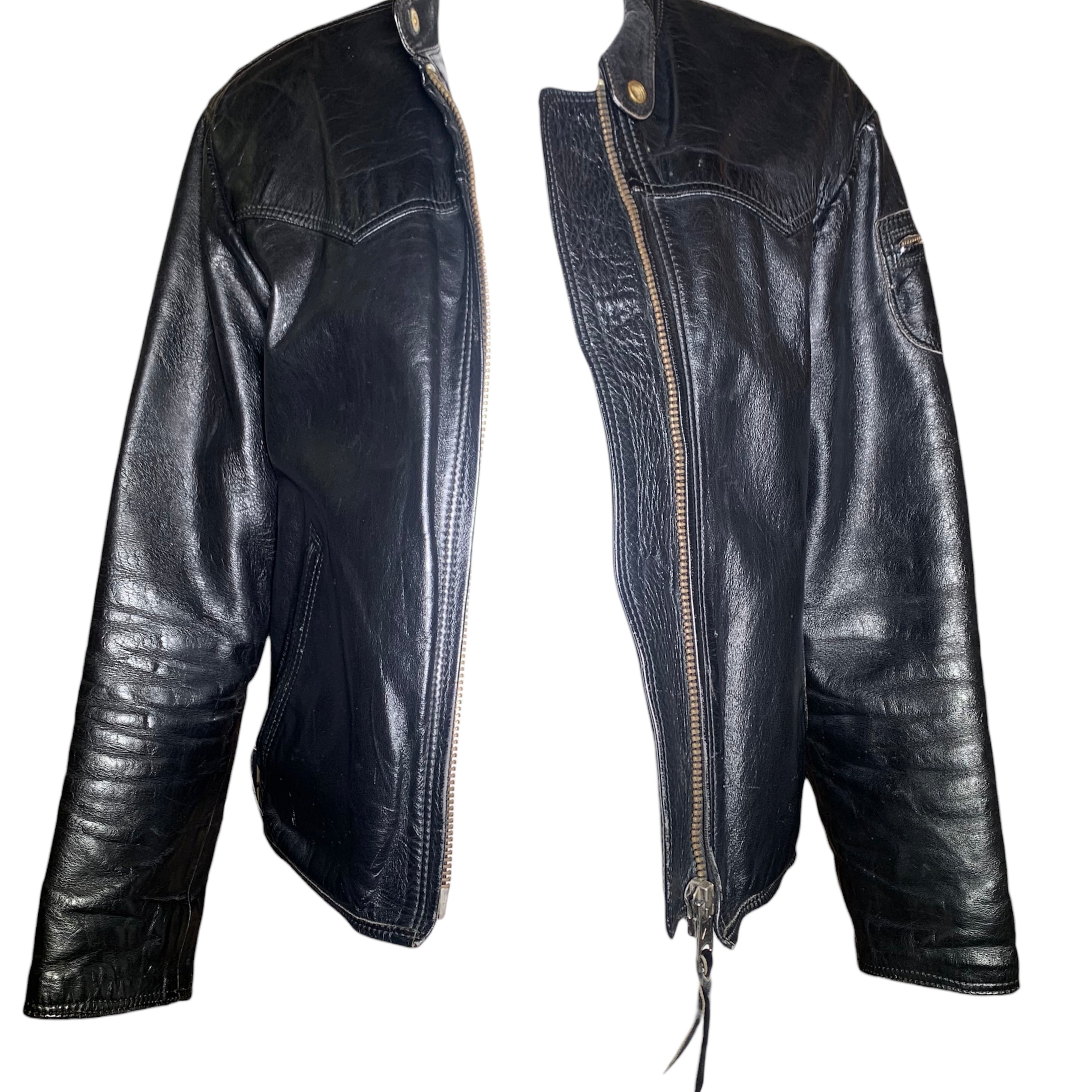 Classic 1960s Black Leather Motorcycle Jacket with Denim Lining, open