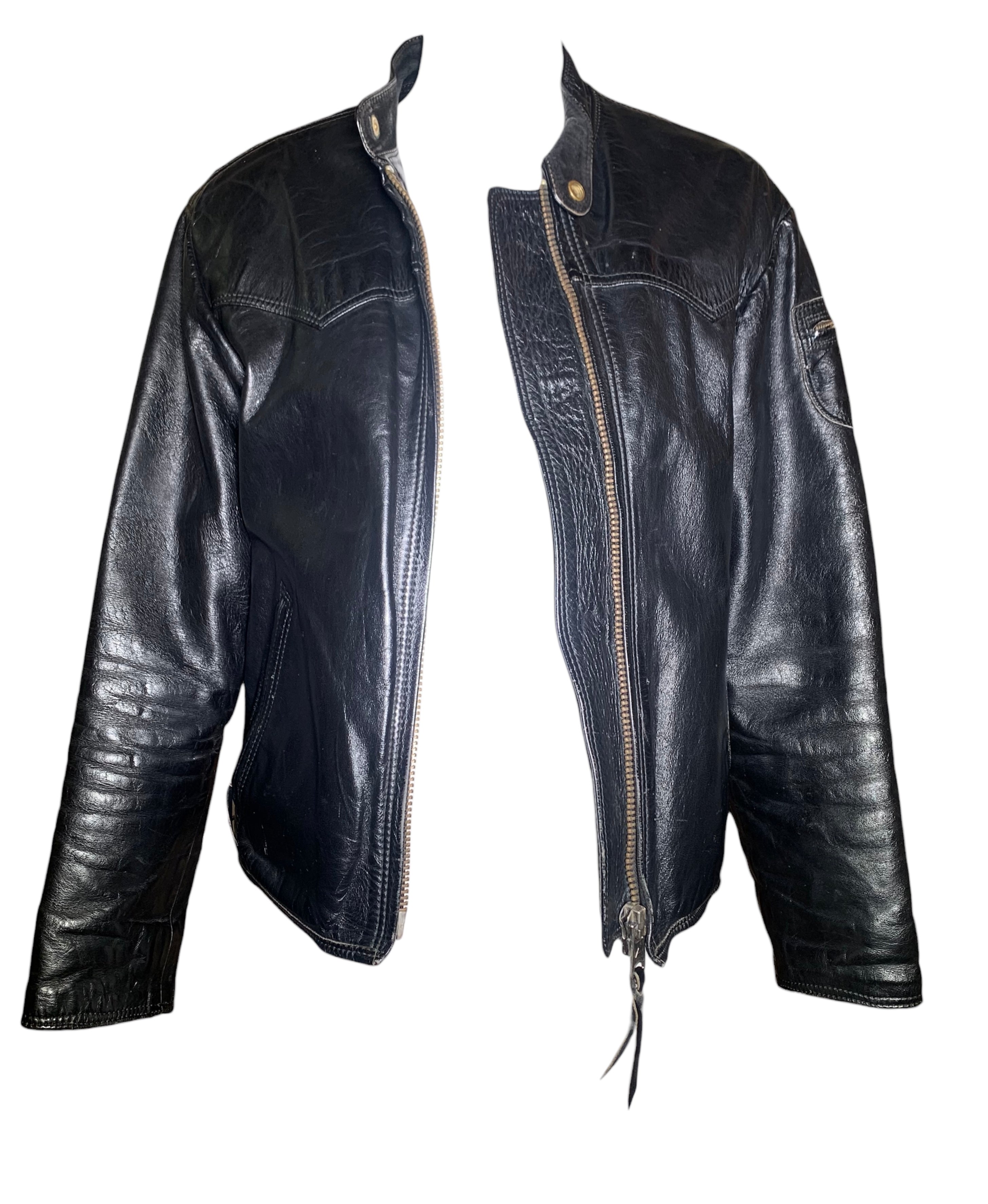 Classic 1960s Black Leather Motorcycle Jacket with Denim Lining, open