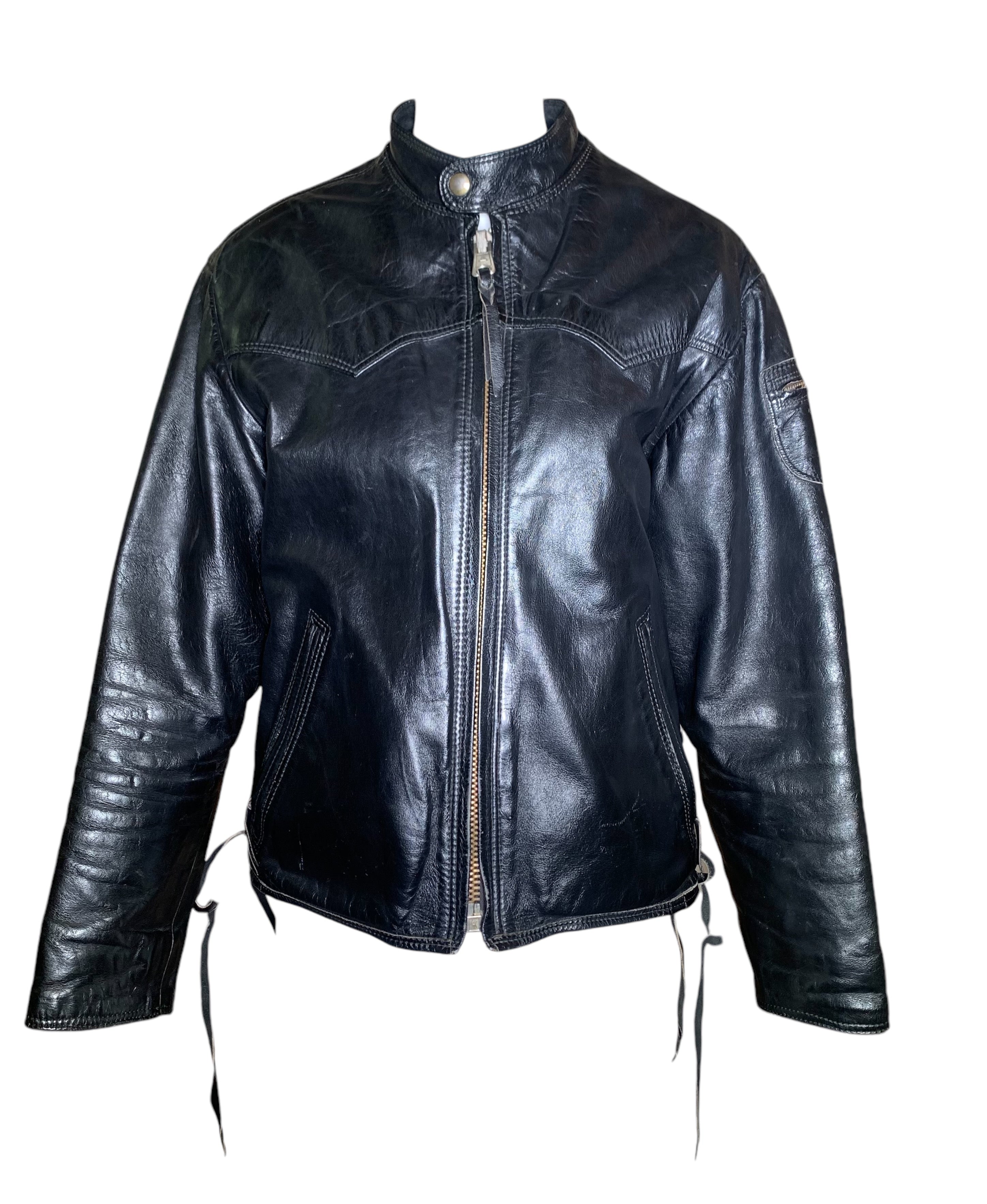 Classic 1960s Black Leather Motorcycle Jacket with Denim Lining