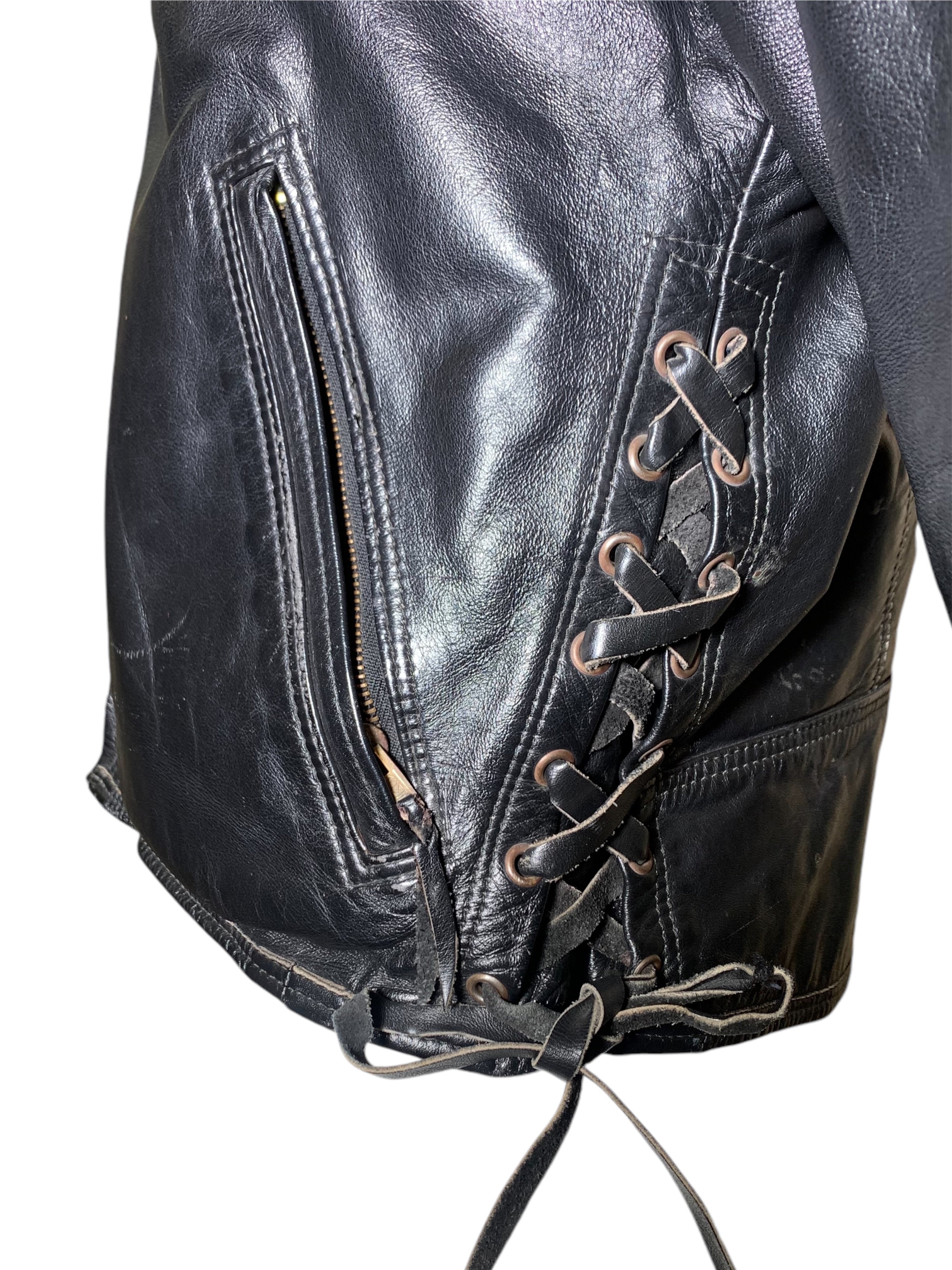 Classic 1960s Black Leather Motorcycle Jacket with Denim Lining, braiding