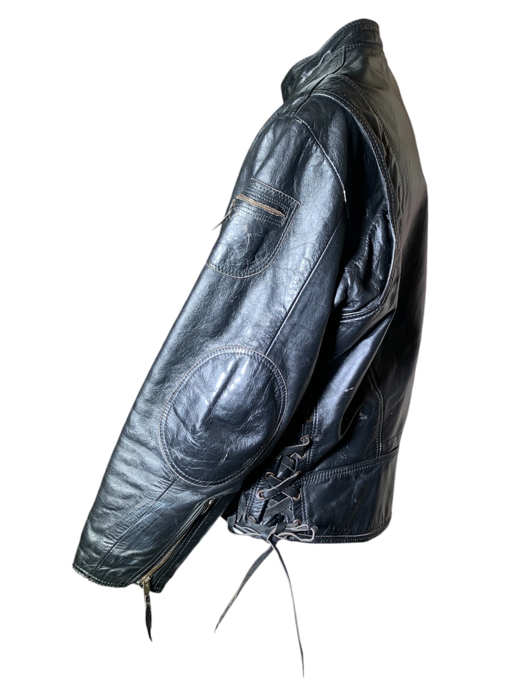 Classic 1960s Black Leather Motorcycle Jacket with Denim Lining, side