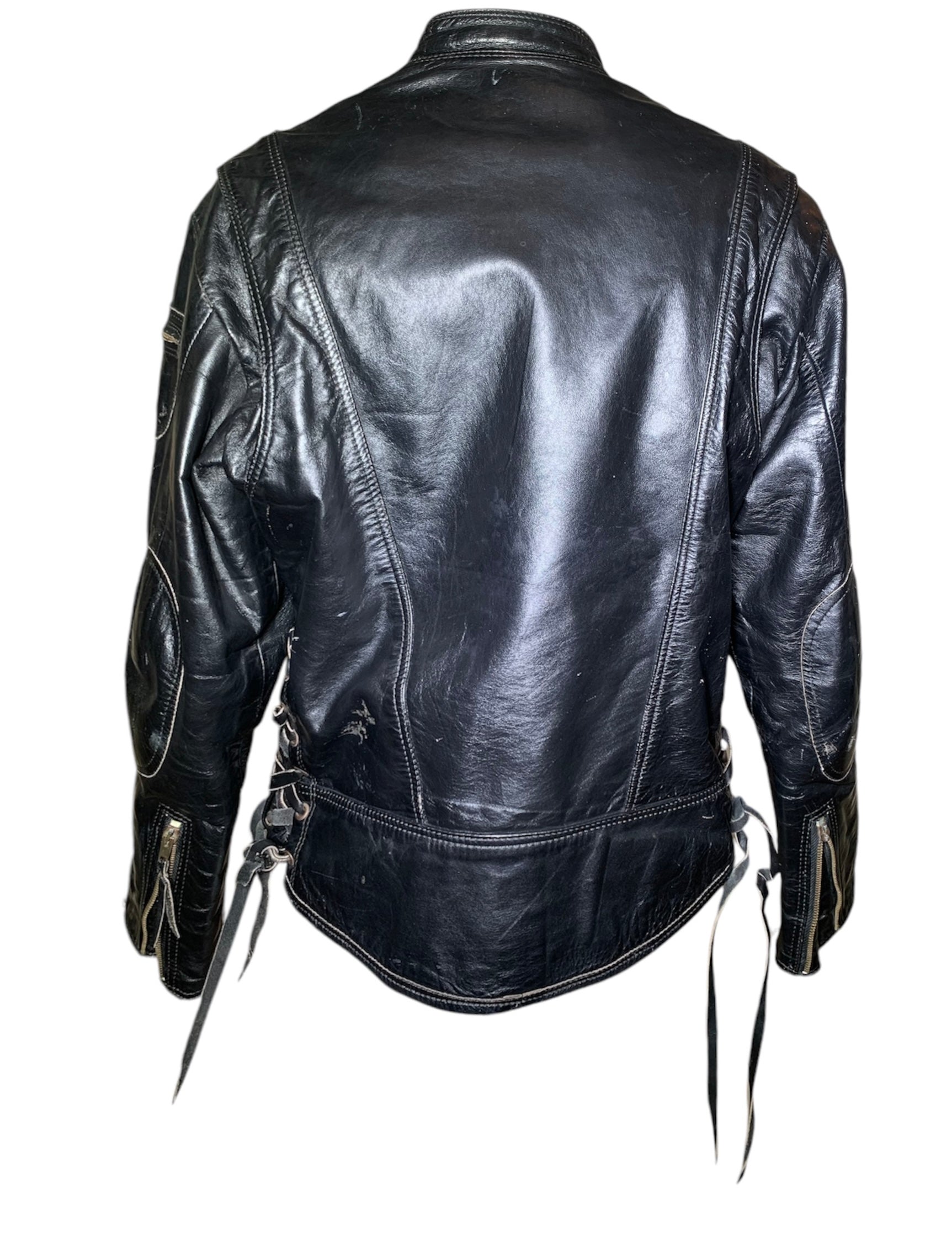 Classic 1960s Black Leather Motorcycle Jacket with Denim Lining, back