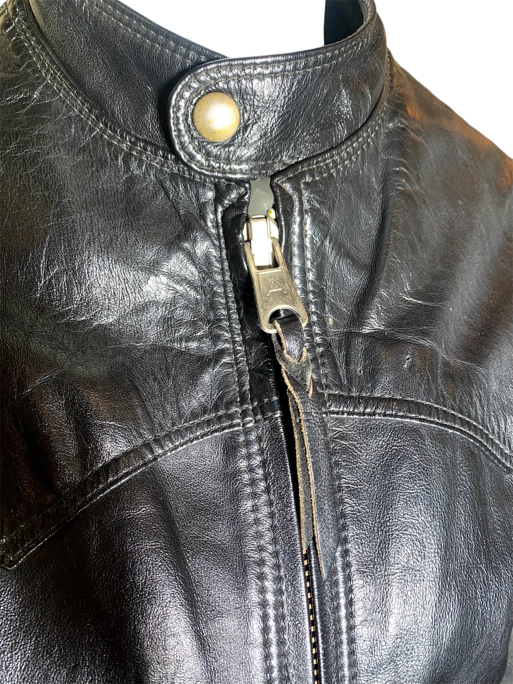 Classic 1960s Black Leather Motorcycle Jacket with Denim Lining, zipper