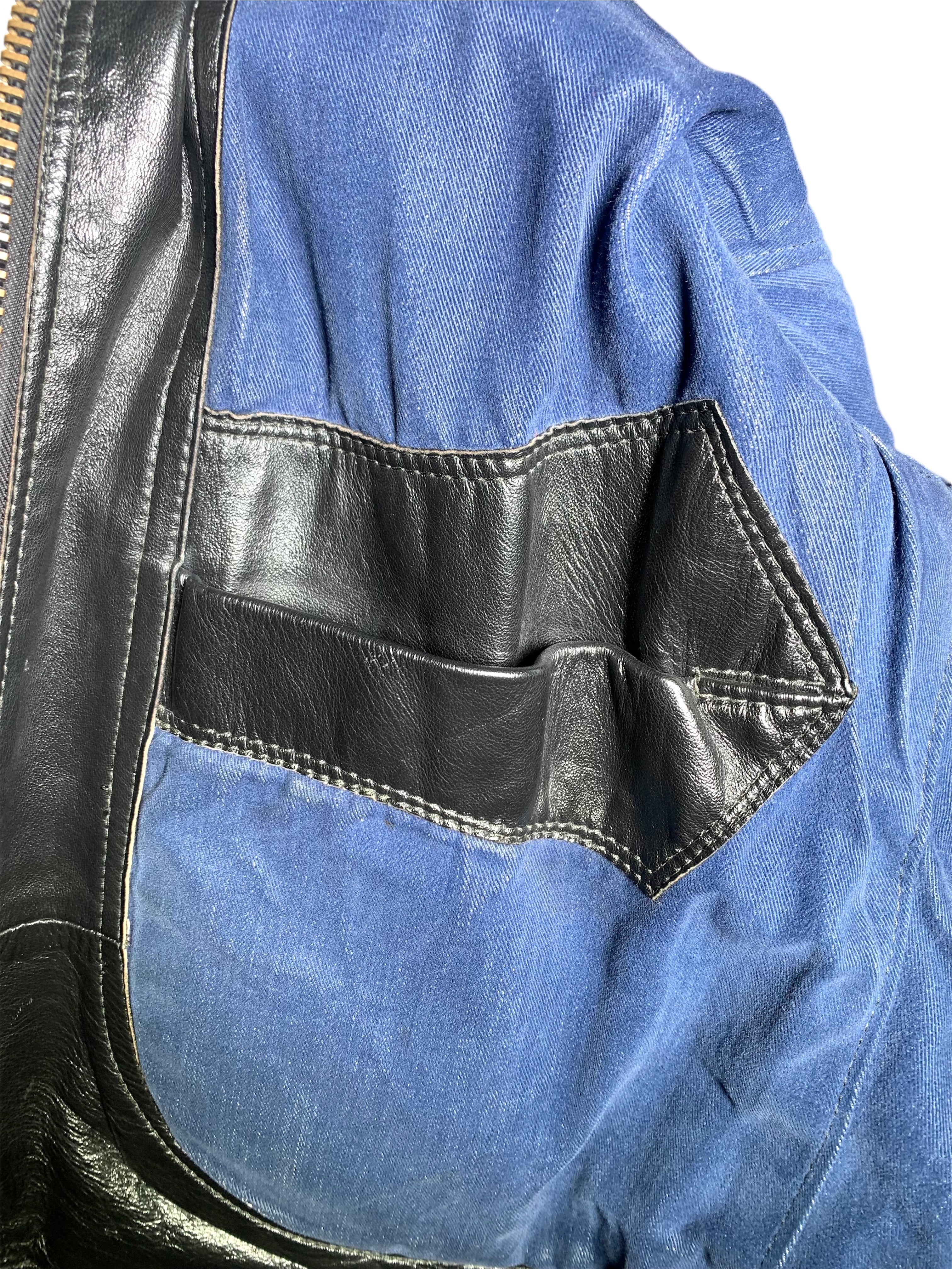 Classic 1960s Black Leather Motorcycle Jacket with Denim Lining, lining