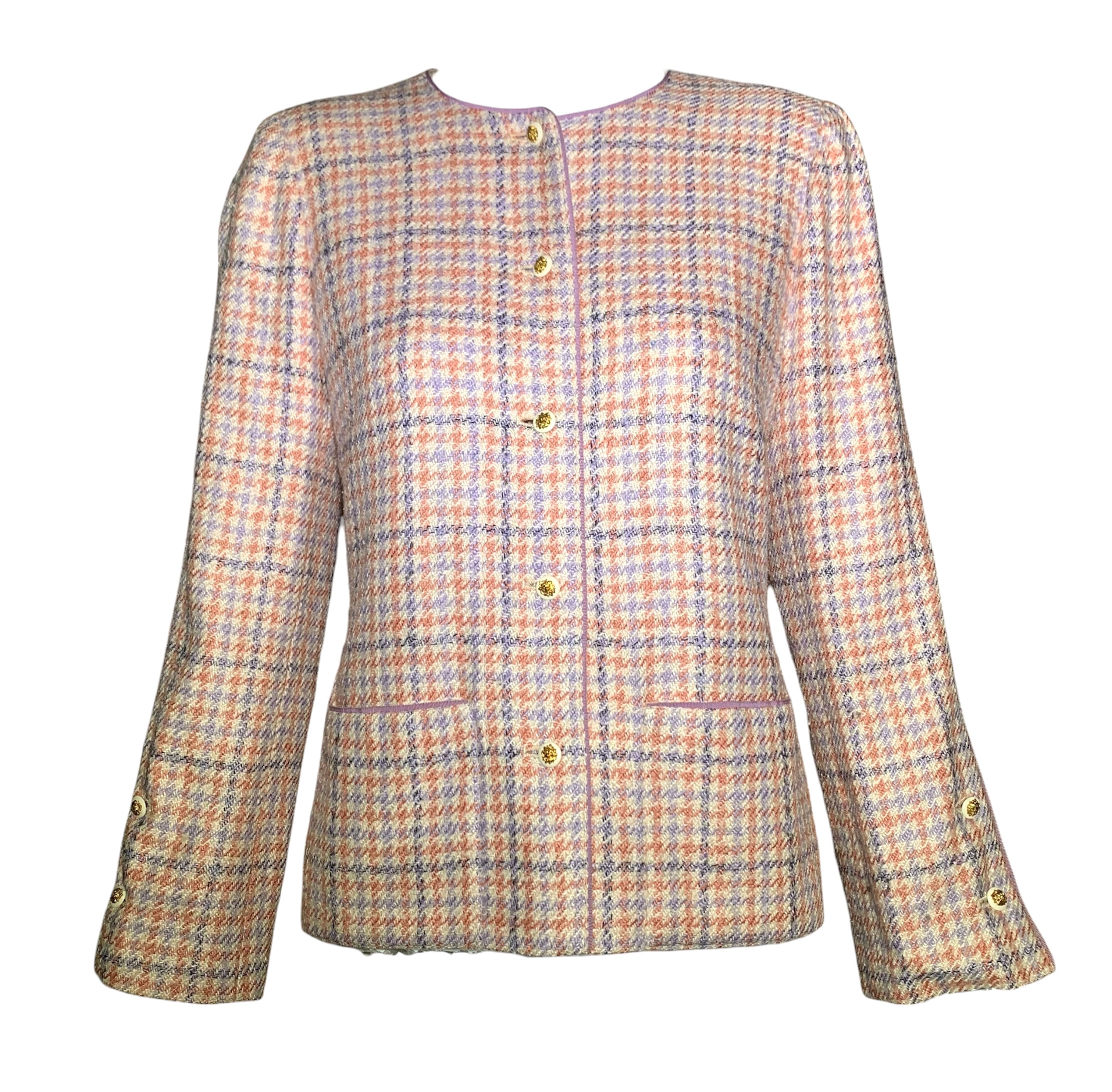 Chanel Boutique 1990s Pale Pink & Lavender Houndstooth Ensemble, jacket