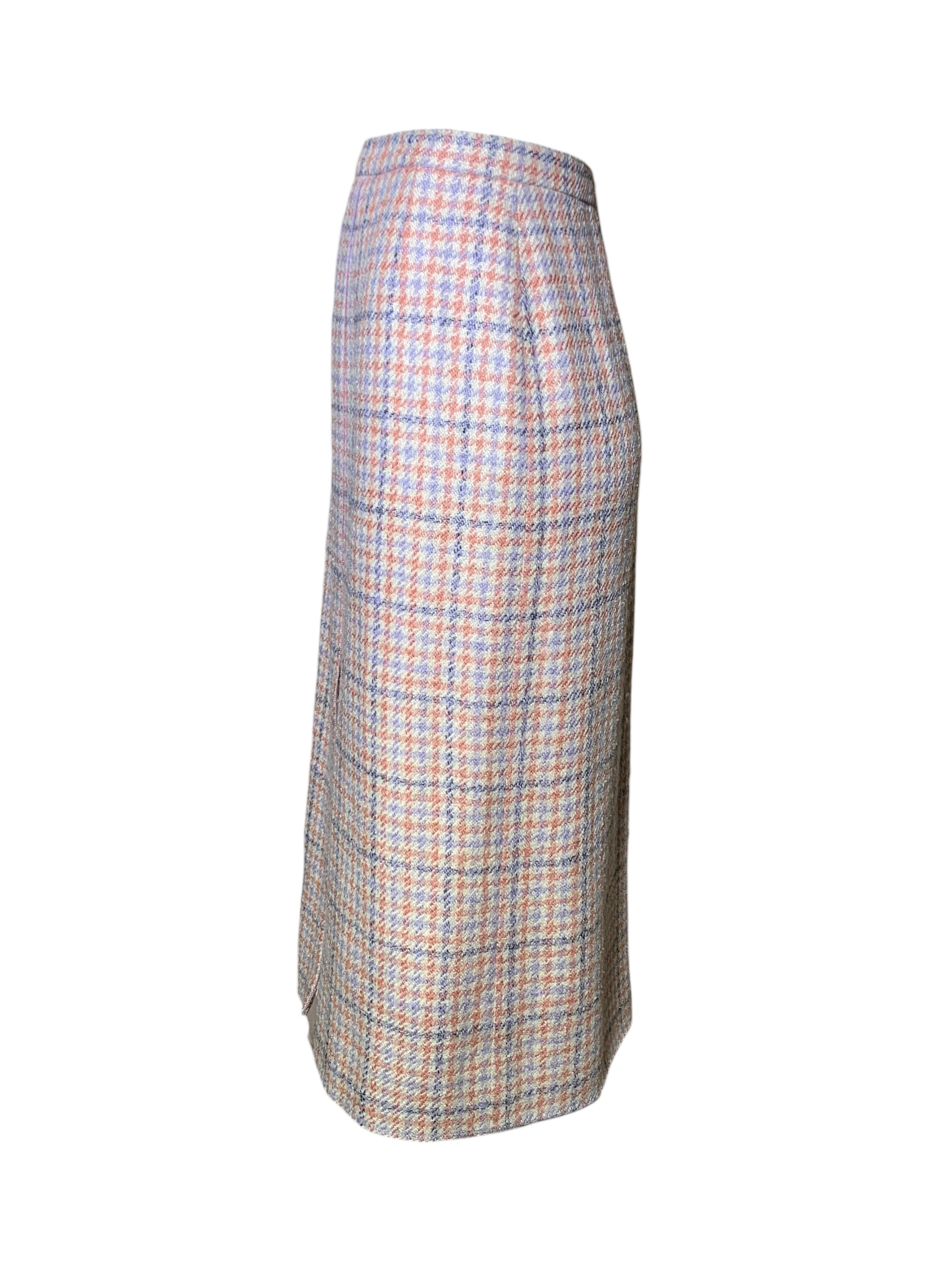 Chanel Boutique 1990s Pale Pink & Lavender Houndstooth Ensemble skirt side