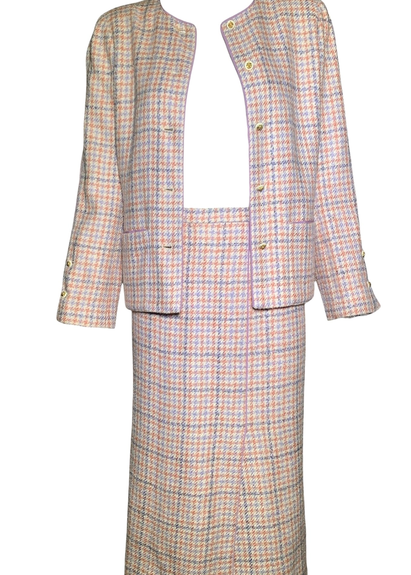 Chanel Boutique 1990s Pale Pink & Lavender Houndstooth Ensemble open