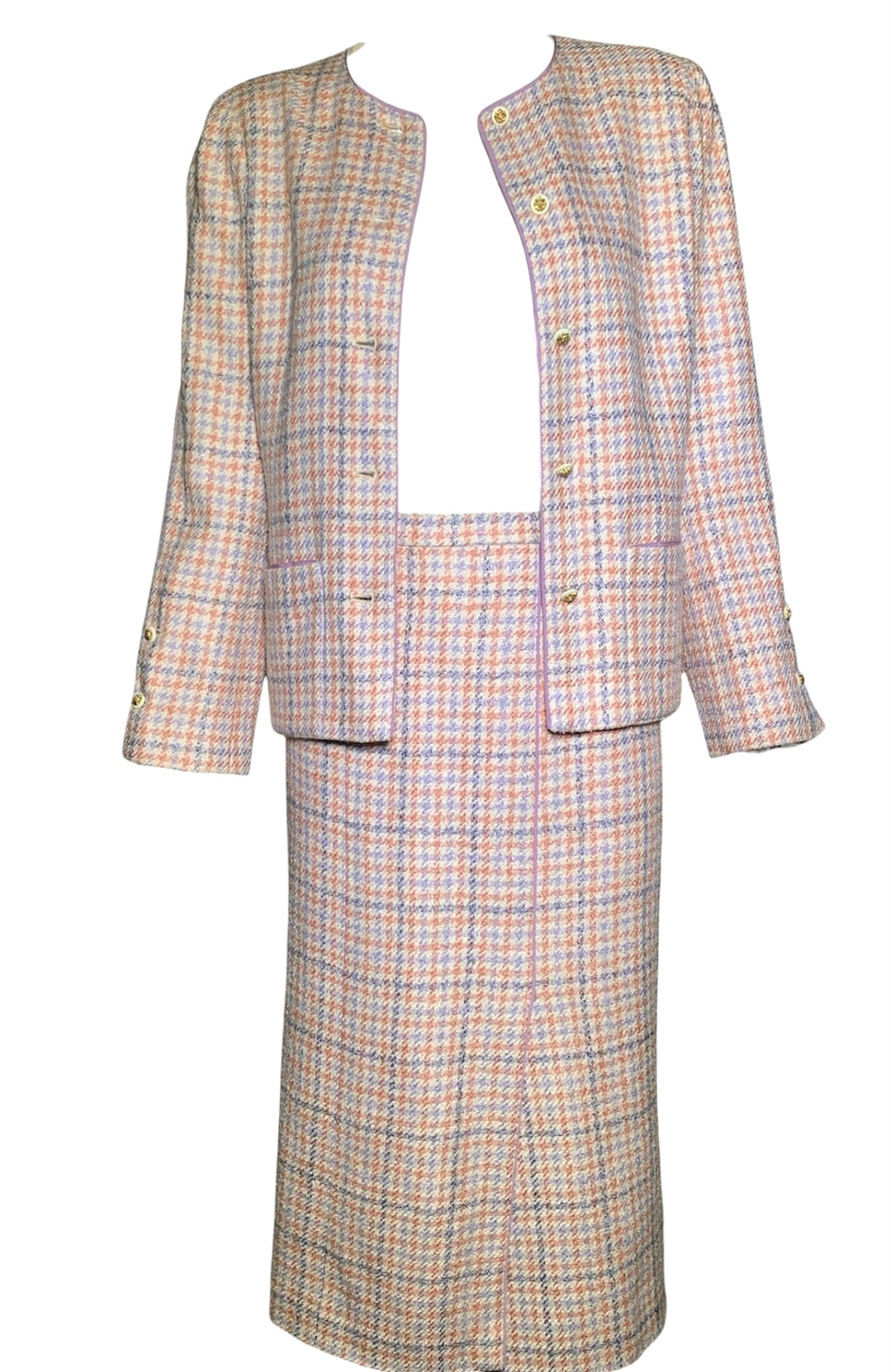 Chanel Boutique 1990s Pale Pink & Lavender Houndstooth Ensemble open