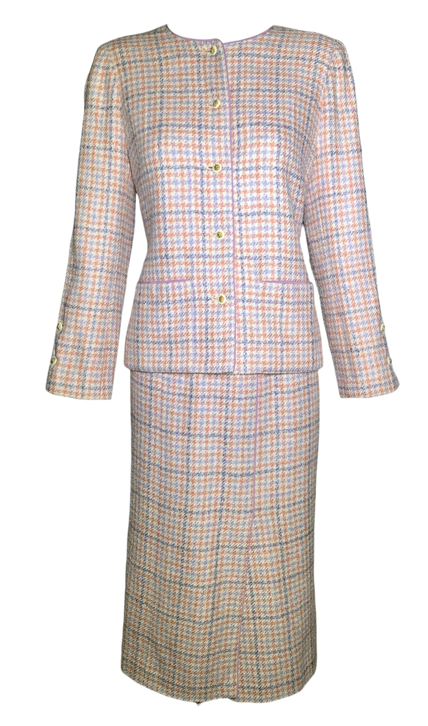 Chanel Boutique 1990s Pale Pink & Lavender Houndstooth Ensemble