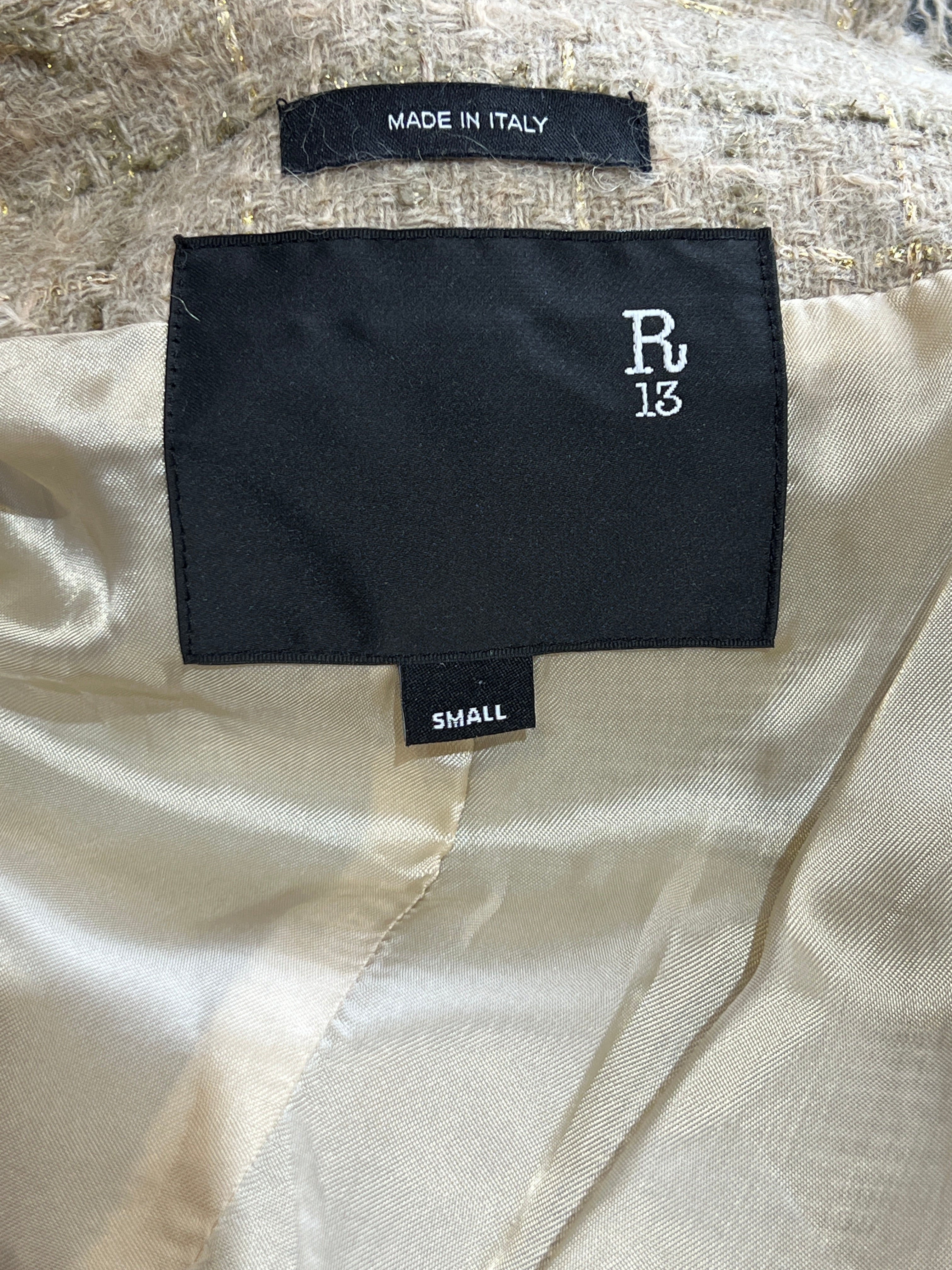 R13 Beige Tweed 2020s Cropped Jacket with Gold Toned Chains, label