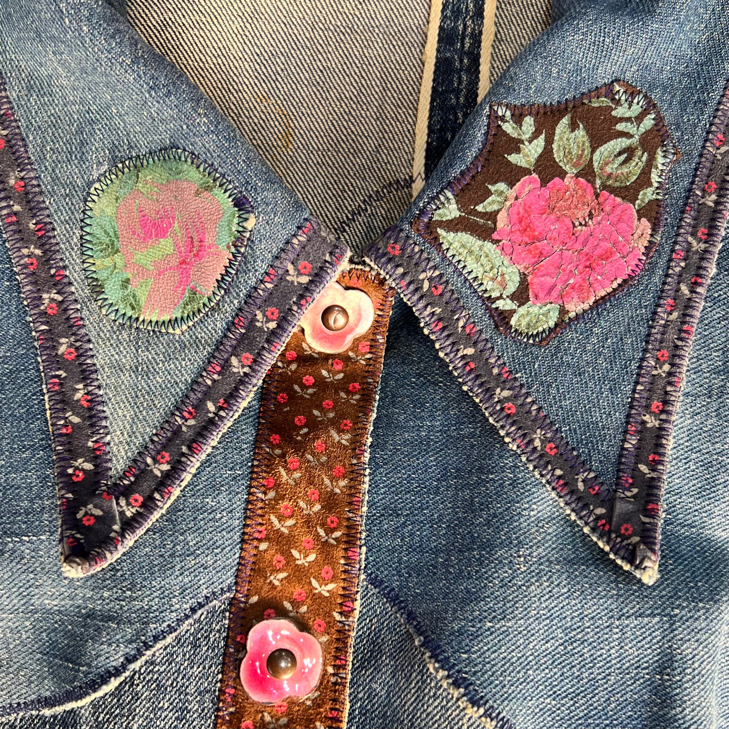 RARE LIMBO 1970's Denim Patchwork Button Up Mini or Shirt, collar detail