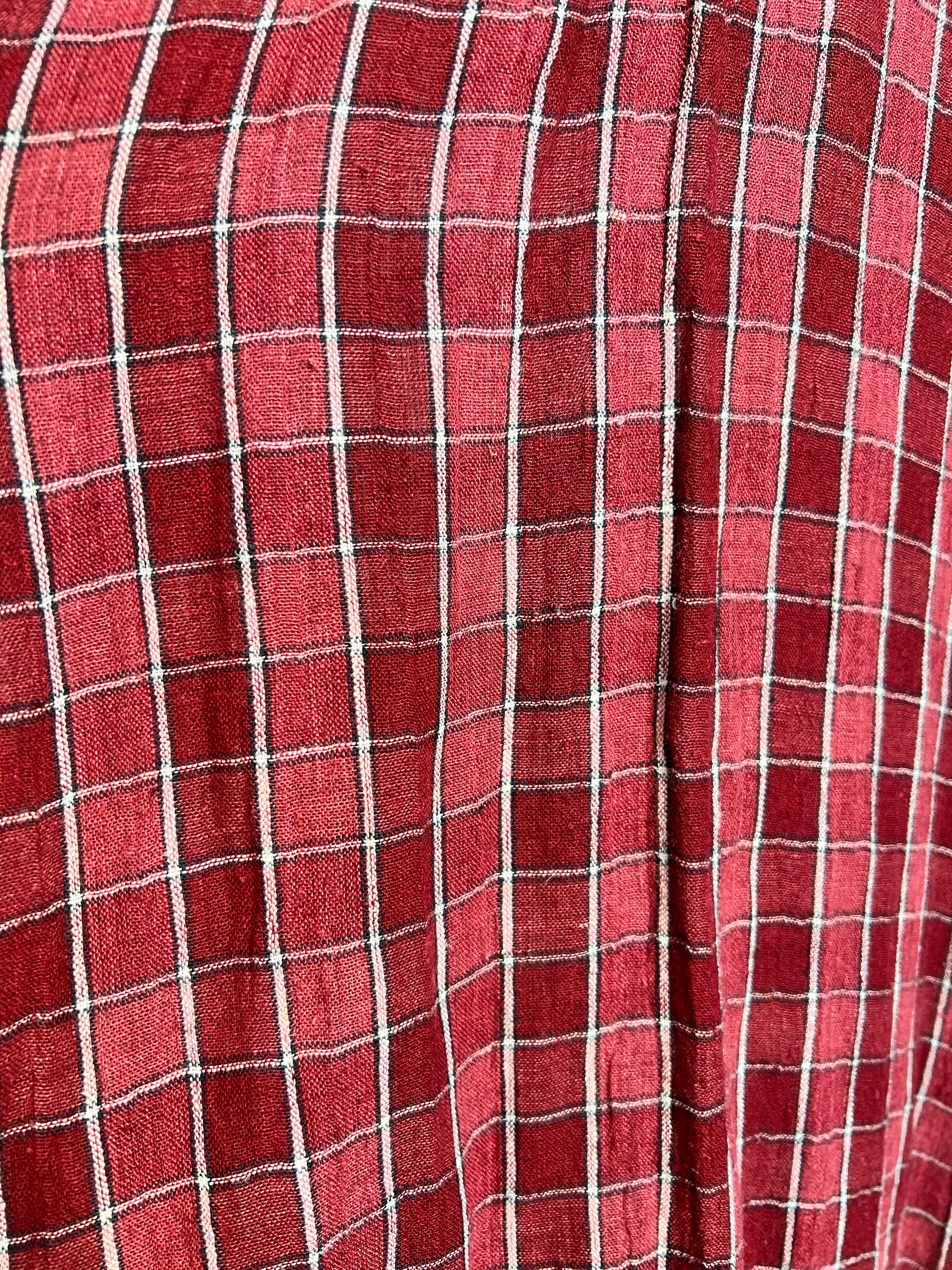 Issey Miyake Rare 1980's Brick Red Grid Plaid Skirt Ensemble, close up