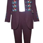 Moschino Couture Floral Embroidered Burgundy Wool Pants Suit, open