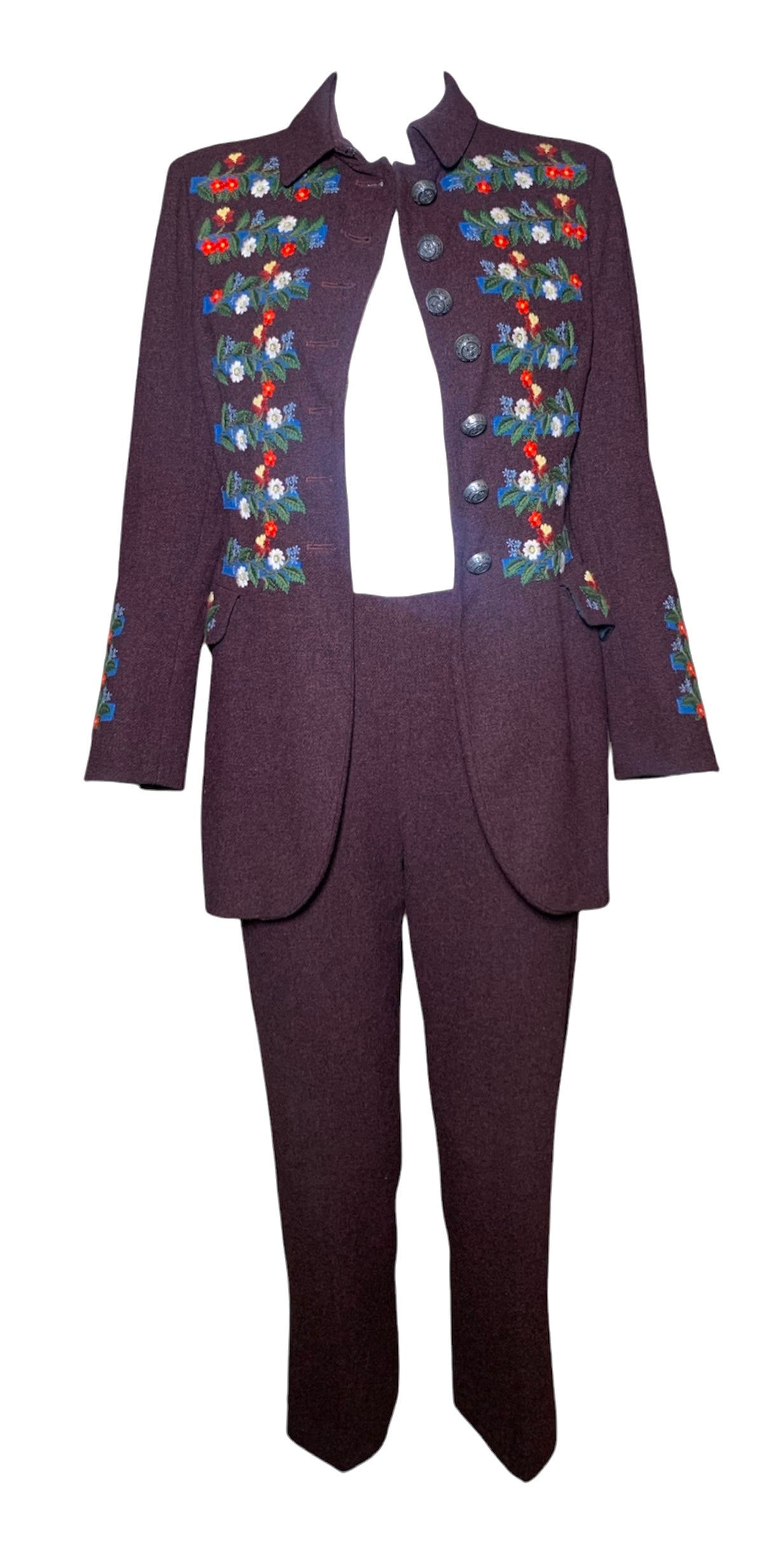 Moschino Couture Floral Embroidered Burgundy Wool Pants Suit, open